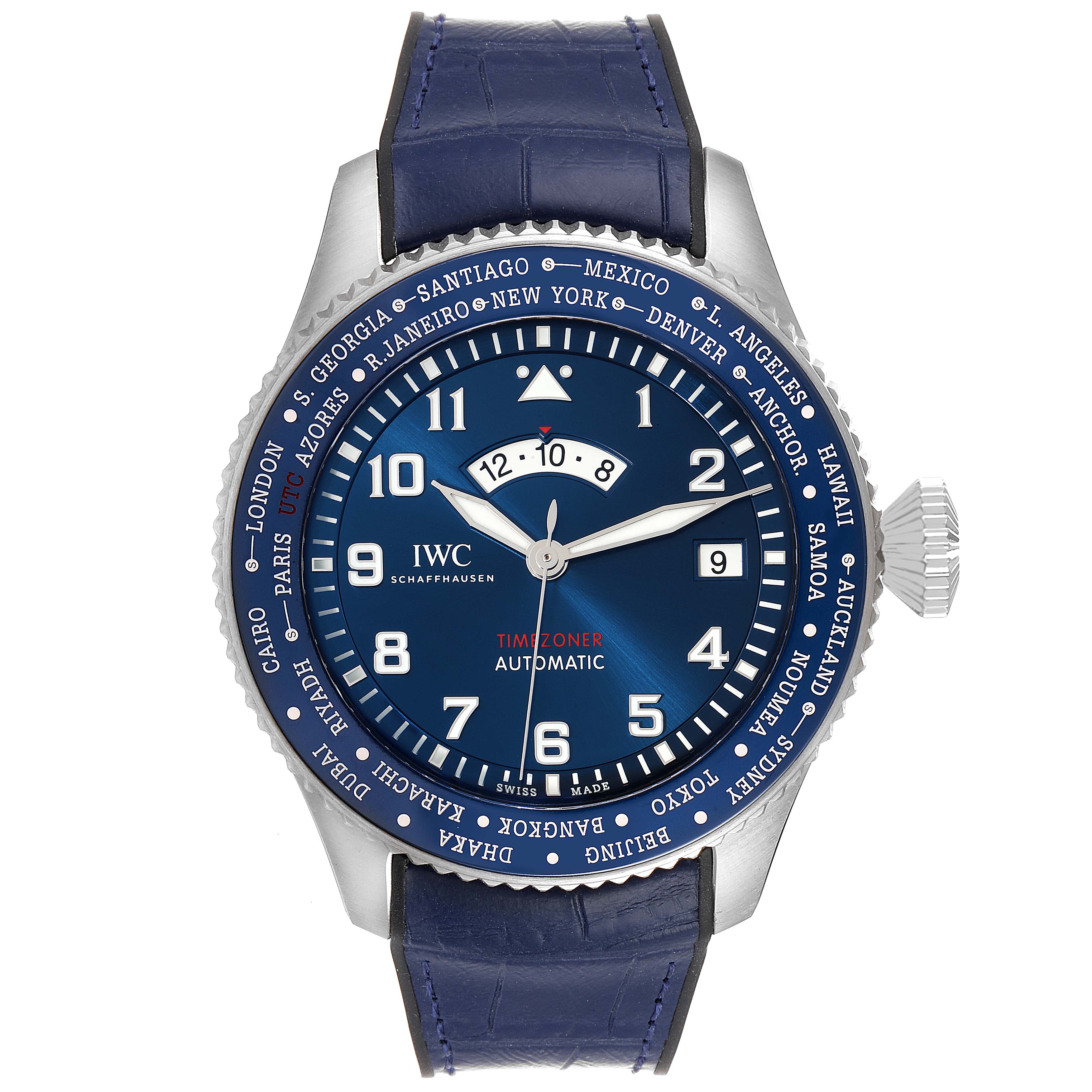 This image shows an IWC Pilot IW395503 Men's Stainless Steel Blue Dial IW395503 Men's Stainless Steel Blue Dial model watch from a top-down angle, highlighting the dial, bezel with city names, and blue leather strap.