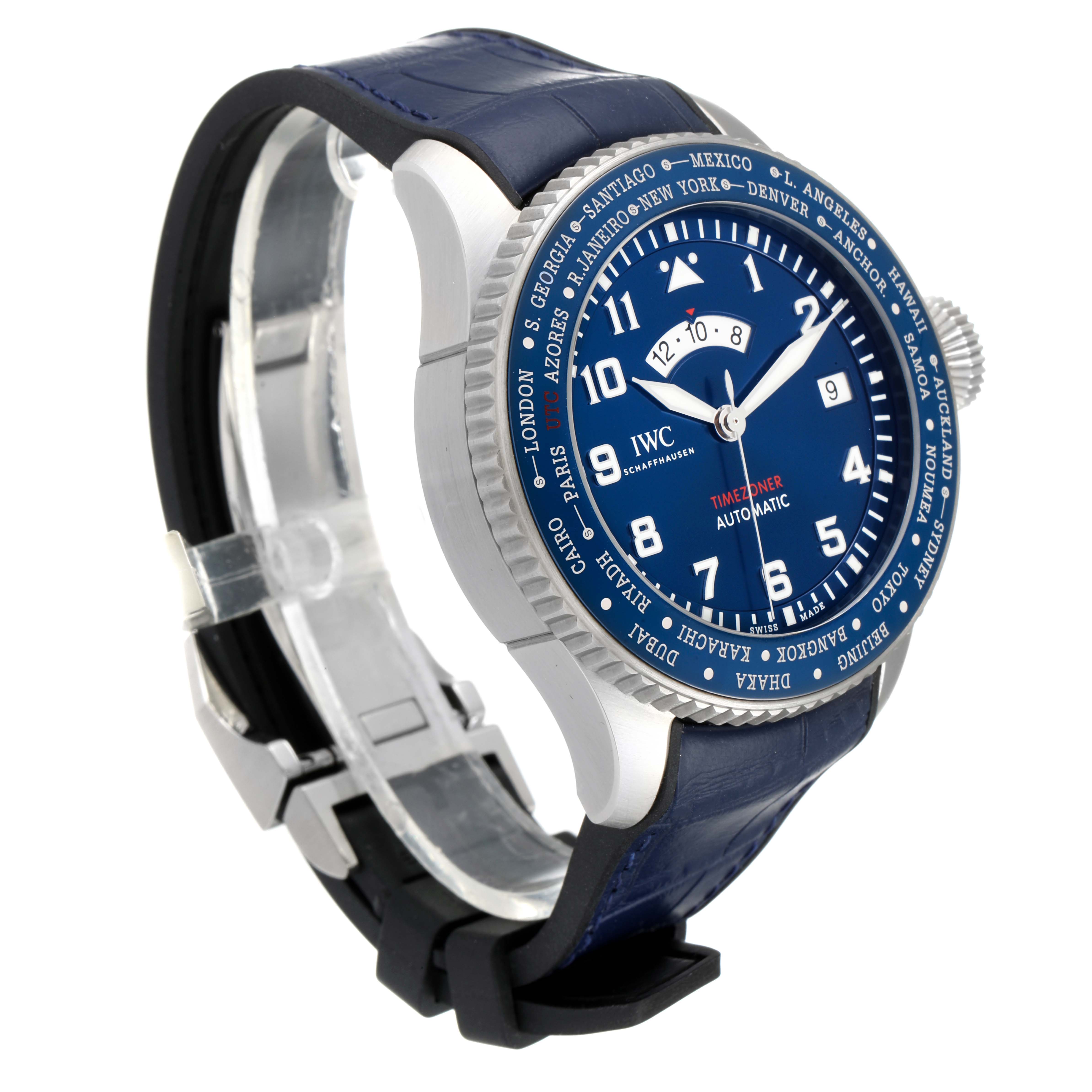 This image shows an IWC Pilot IW395503 Men's Stainless Steel Blue Dial IW395503 Men's Stainless Steel Blue Dial model watch, angled to display its face, bezel, crown, and partially the strap.