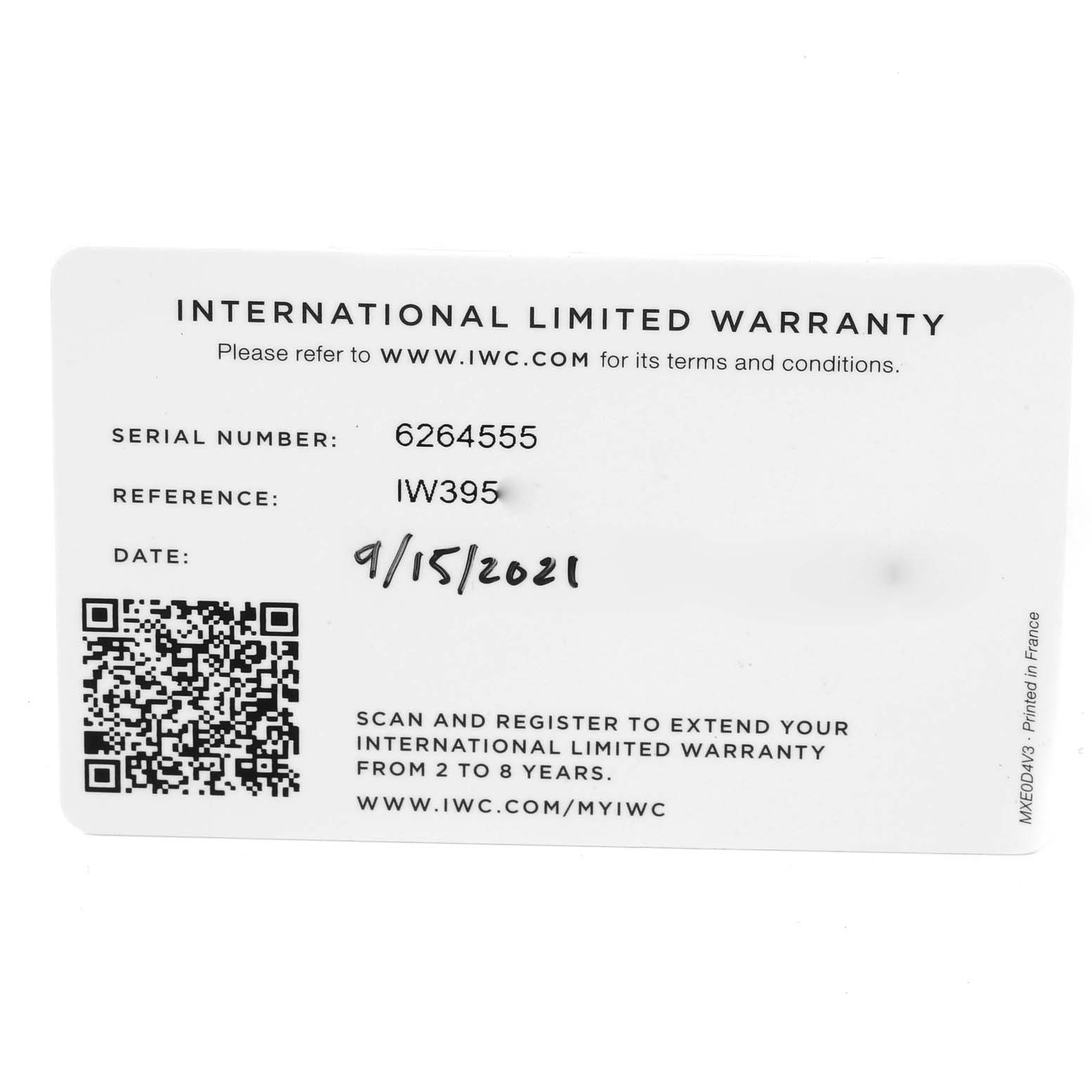 This is an image of the International Limited Warranty card for the IWC Pilot IW395503 Men's Stainless Steel Blue Dial IW395503 Men's Stainless Steel Blue Dial model watch, showing the serial number, reference, and purchase date.