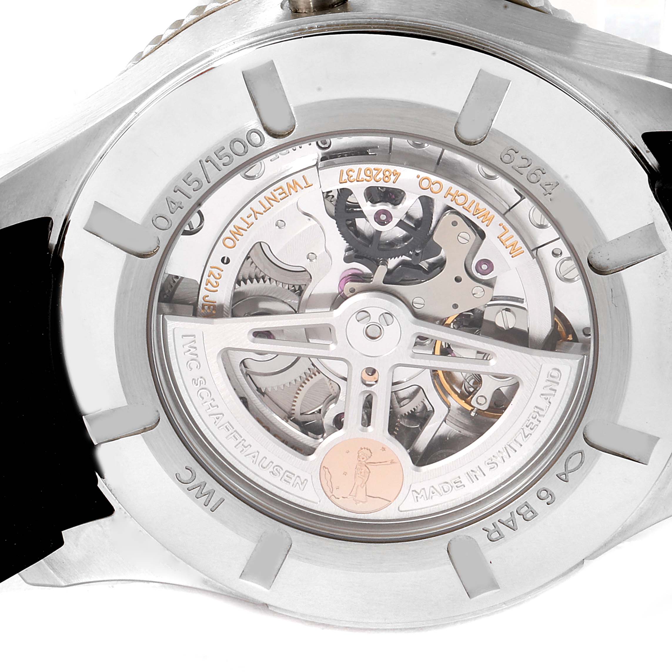 This image shows the back of an IWC Pilot IW395503 Men's Stainless Steel Blue Dial IW395503 Men's Stainless Steel Blue Dial model watch, highlighting its intricate movement and transparent case back.