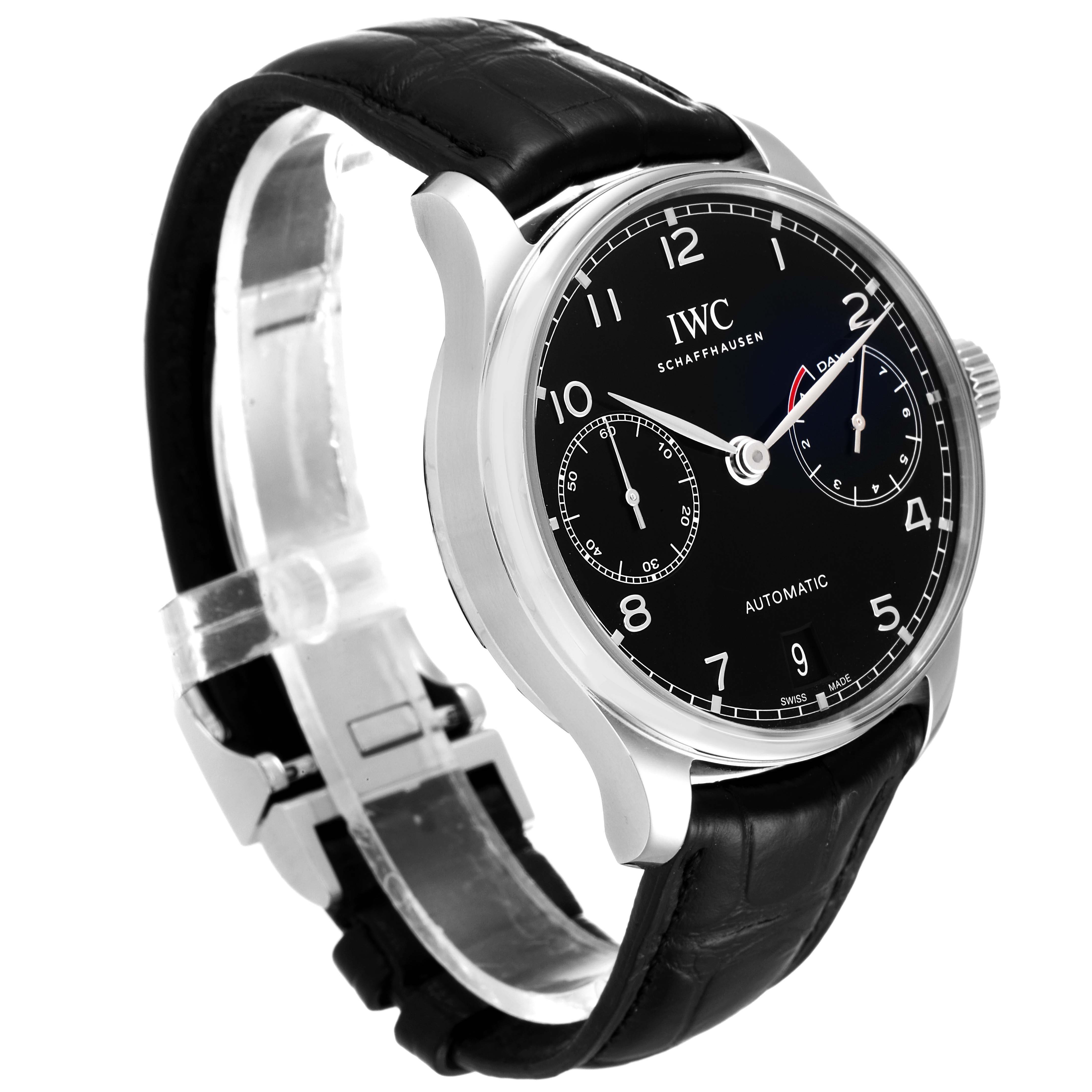 The IWC Portuguese IW500703 Men's Stainless Steel Black Dial IW500703 Men's Stainless Steel Black Dial watch is shown at a three-quarter angle, displaying its black dial, case, crown, and leather strap.