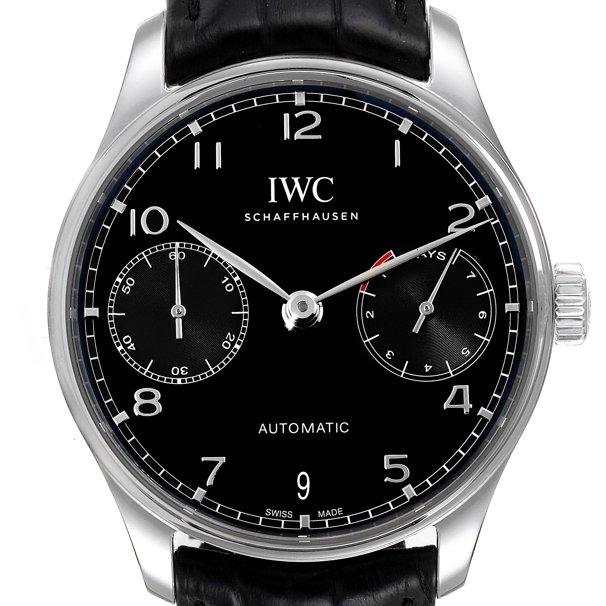 This is a front view of the IWC Portuguese IW500703 Men's Stainless Steel Black Dial IW500703 Men's Stainless Steel Black Dial model, showing the watch face, dial, hands, subdials, and crown.