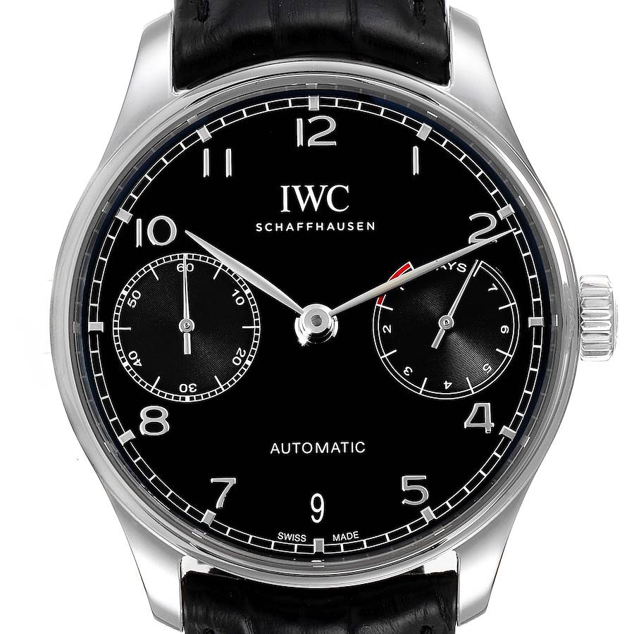 IWC Portuguese Chrono 7 Day Black Dial Steel Mens Watch IW500703 Box Card SwissWatchExpo