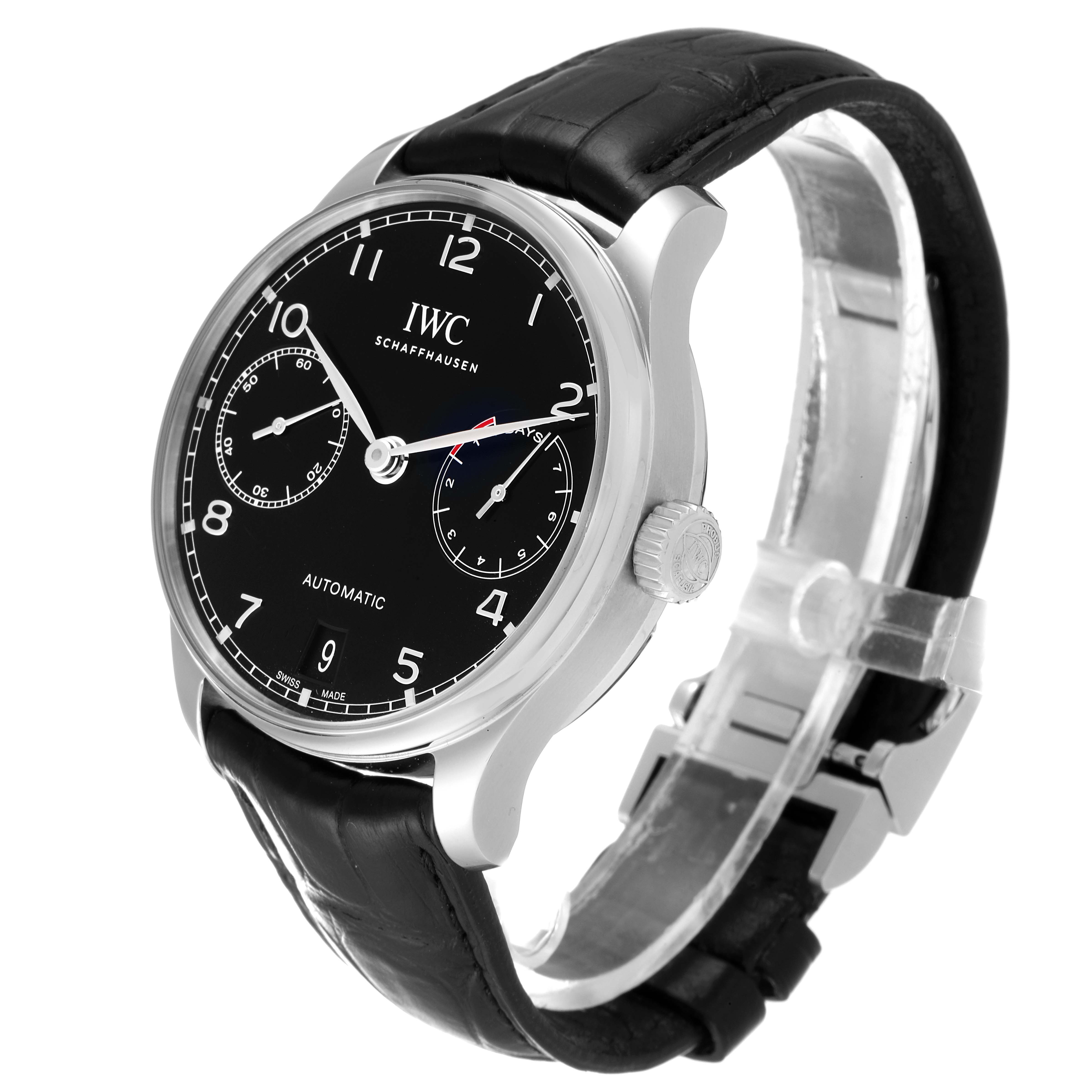 The image shows an IWC Portuguese IW500703 Men's Stainless Steel Black Dial IW500703 Men's Stainless Steel Black Dial model watch at a slightly tilted side angle, displaying the black dial, case, crown, and leather strap.