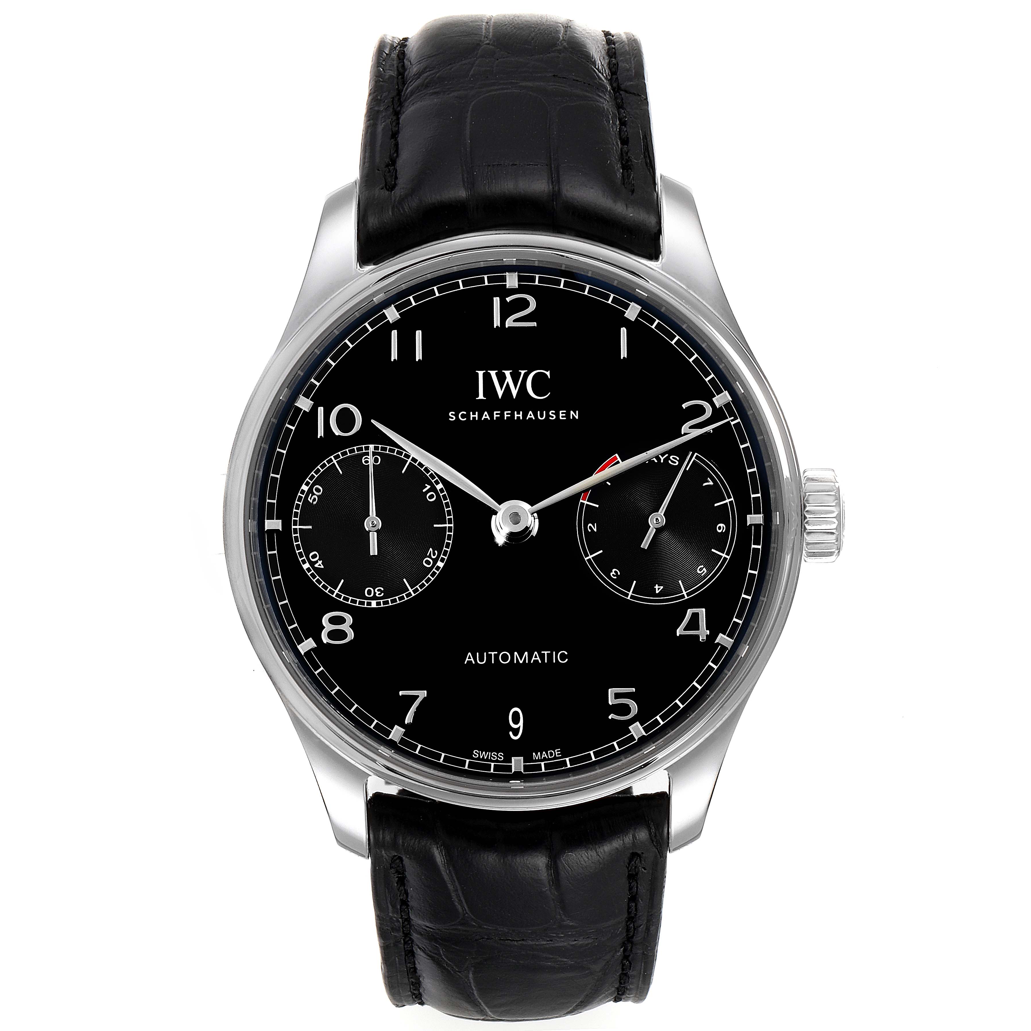 This is a frontal view of the IWC Portuguese IW500703 Men's Stainless Steel Black Dial IW500703 Men's Stainless Steel Black Dial model watch featuring a black dial and black leather strap.