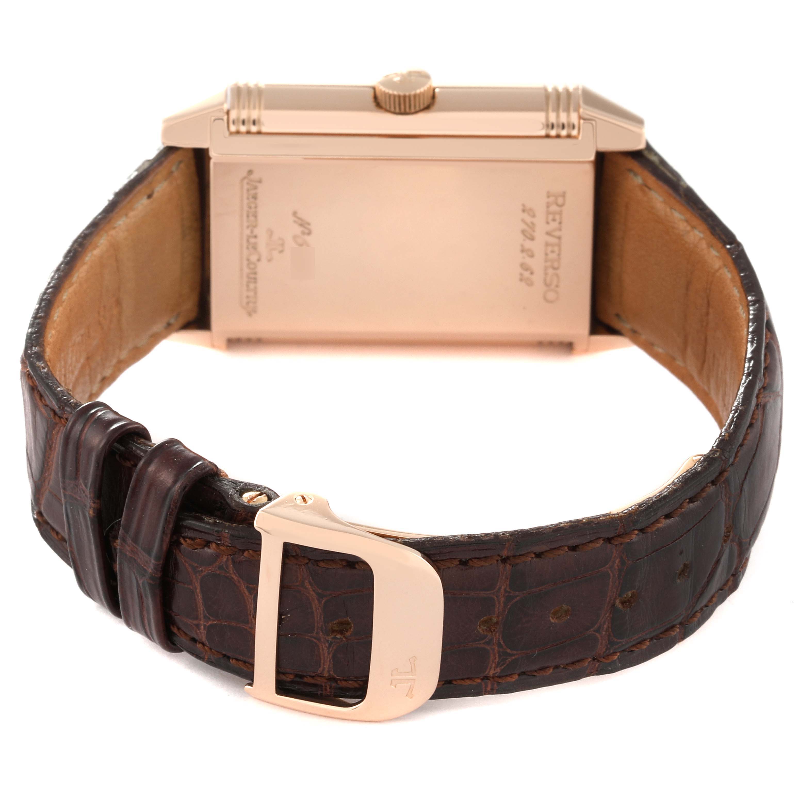 The image shows the back and strap of a Jaeger LeCoultre Reverso 270.2.62 Men
s Rose Gold Silver Dial 270.2.62 Men
s Rose Gold Silver Dial watch, including the buckle and case back.