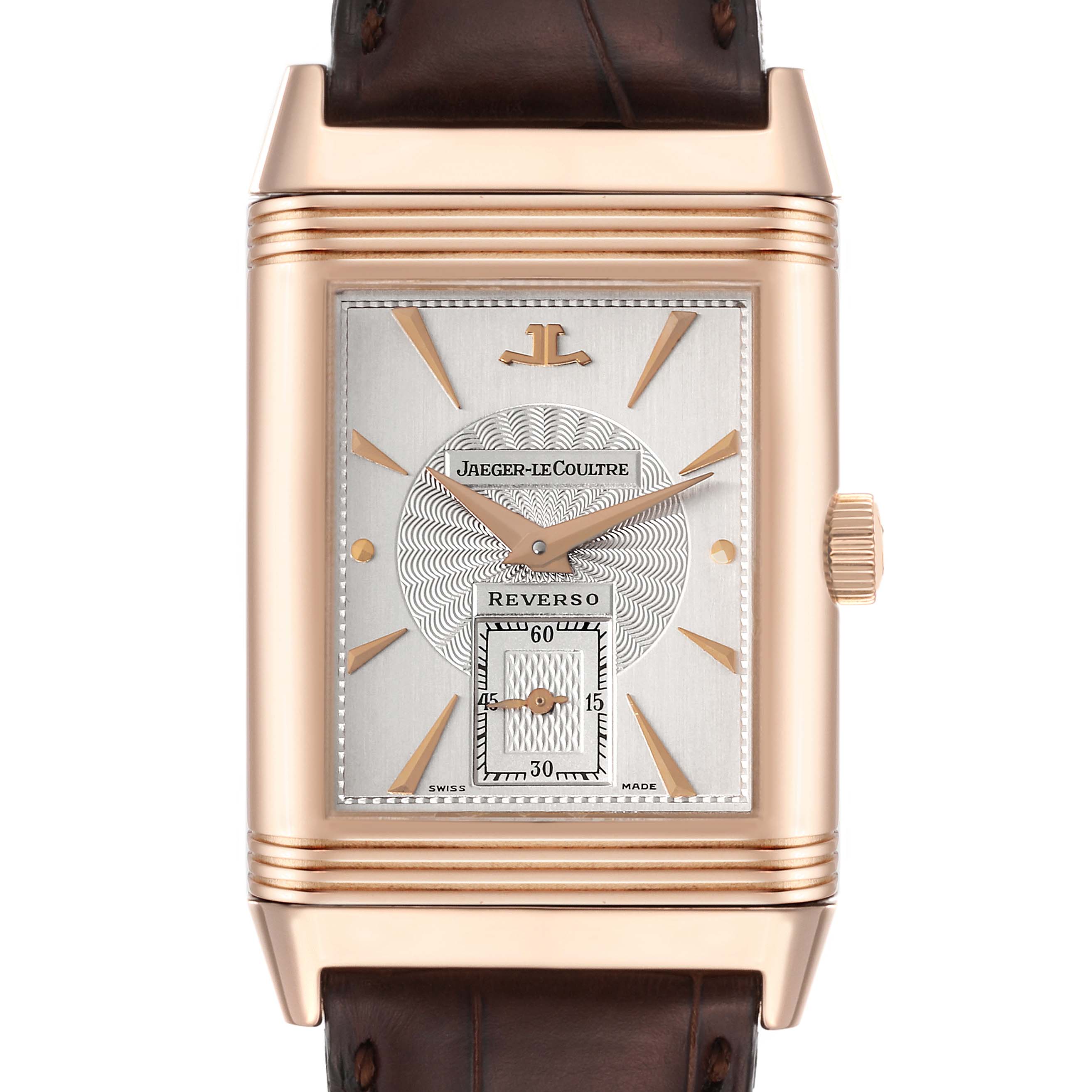 The image shows a front view of the Jaeger LeCoultre Reverso 270.2.62 Men
s Rose Gold Silver Dial 270.2.62 Men
s Rose Gold Silver Dial watch, highlighting its dial, hands, crown, and leather strap.