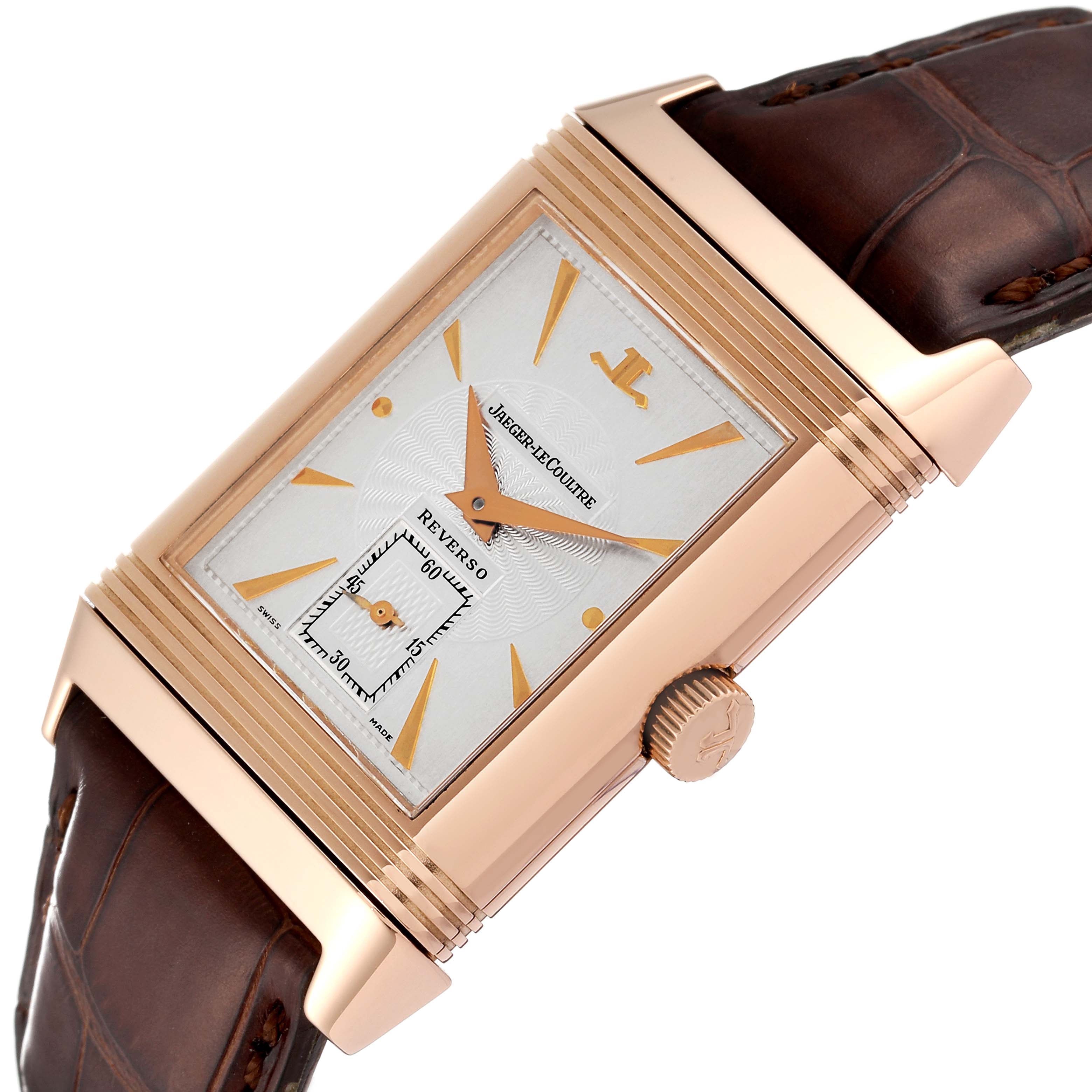 The image shows a close-up, angled view of the Jaeger LeCoultre Reverso 270.2.62 Men
s Rose Gold Silver Dial 270.2.62 Men
s Rose Gold Silver Dial watch, featuring the face and crown.