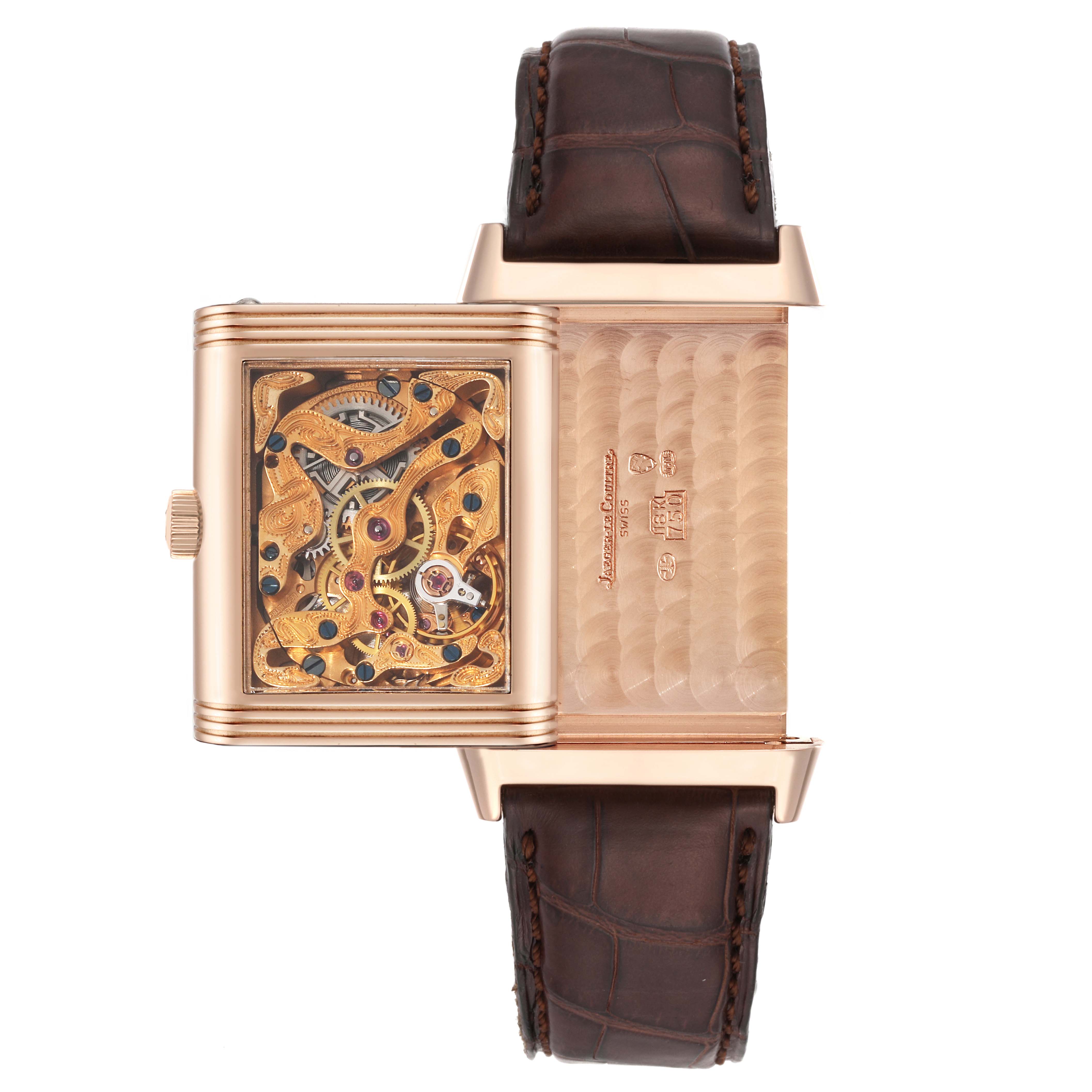 The image shows a Jaeger LeCoultre Reverso 270.2.62 Men
s Rose Gold Silver Dial 270.2.62 Men
s Rose Gold Silver Dial watch with its case flipped open, exposing the intricate mechanism and inner engravings.