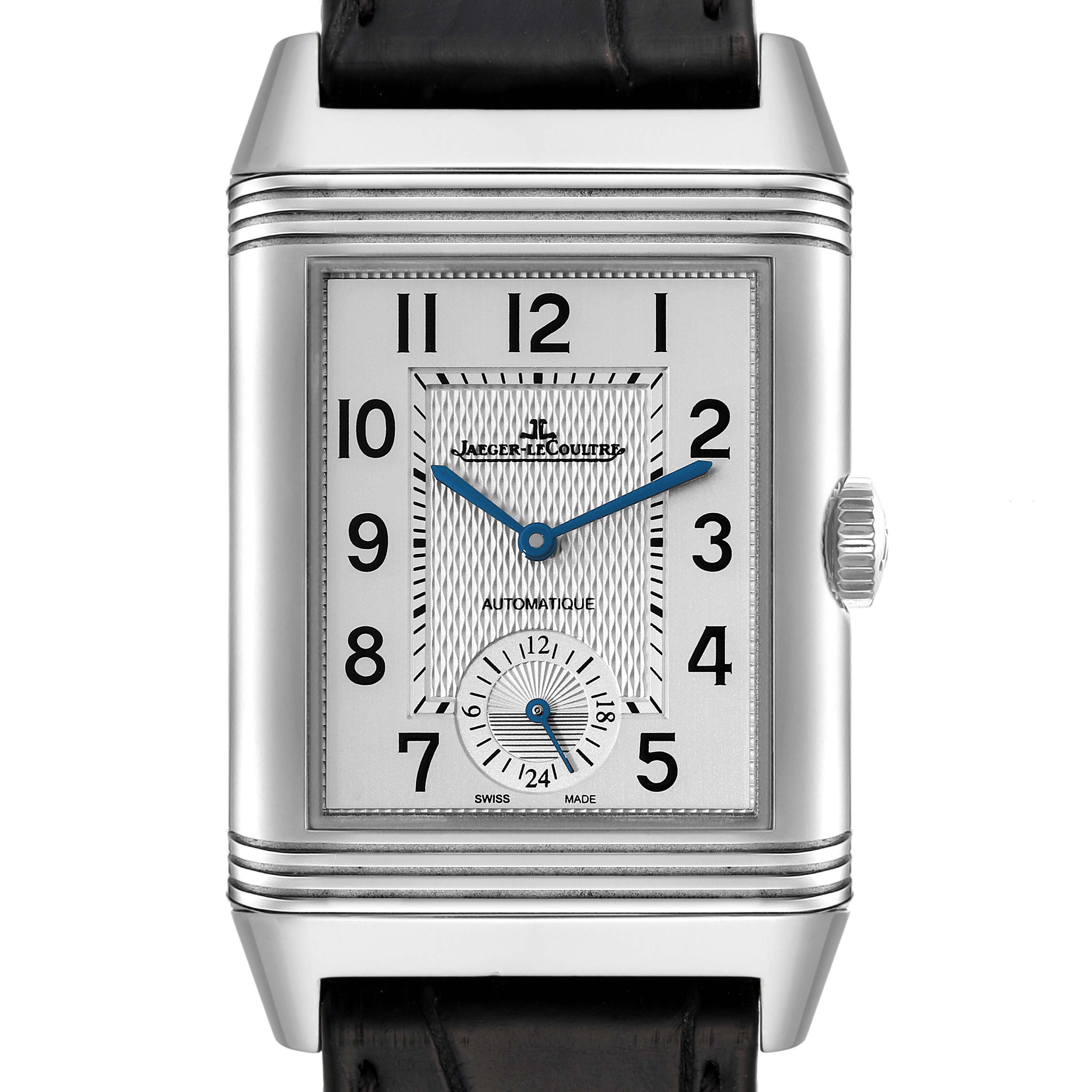 This image shows a front view of the Jaeger LeCoultre Reverso Q3838420 Men's Stainless Steel Silver Dial Q3838420 Men's Stainless Steel Silver Dial watch, featuring the watch face, Arabic numerals, and subdial.