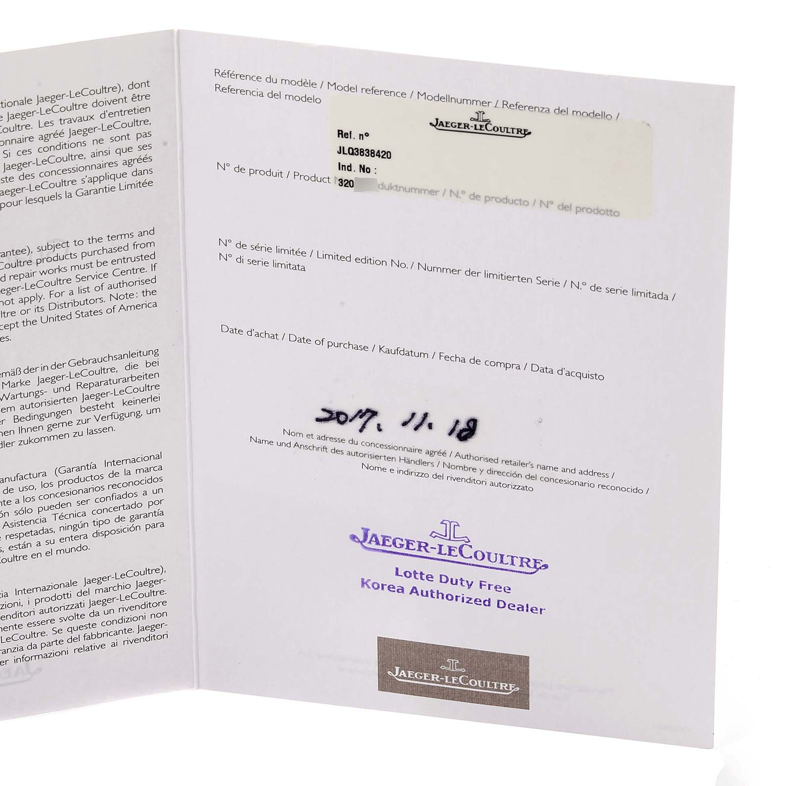 This is an image of the warranty card for a Jaeger-LeCoultre Reverso model, showing model and product number details and purchase information.