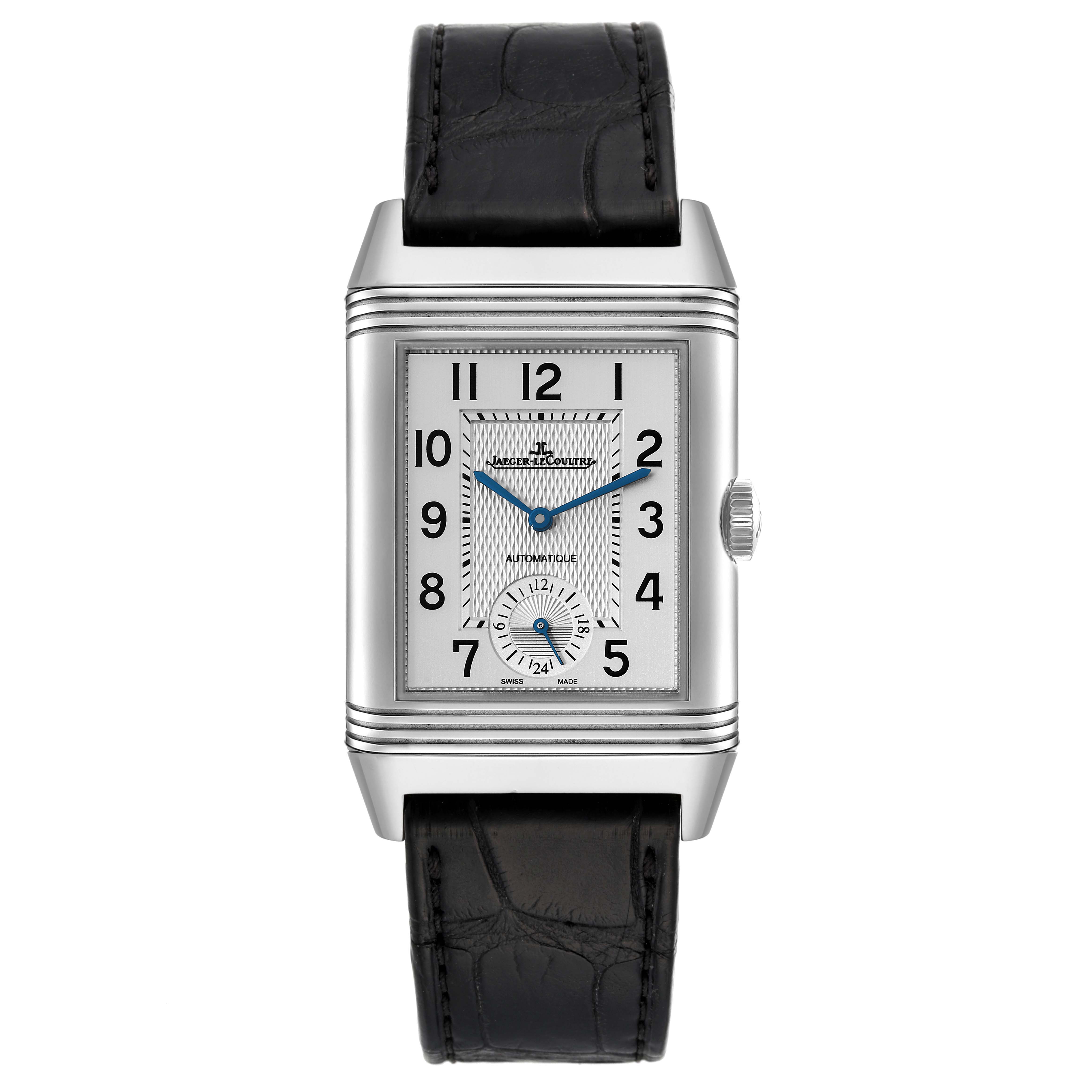 The image shows a front view of the Jaeger LeCoultre Reverso Q3838420 Men's Stainless Steel Silver Dial Q3838420 Men's Stainless Steel Silver Dial watch, featuring its rectangular case, dial, and black leather strap.