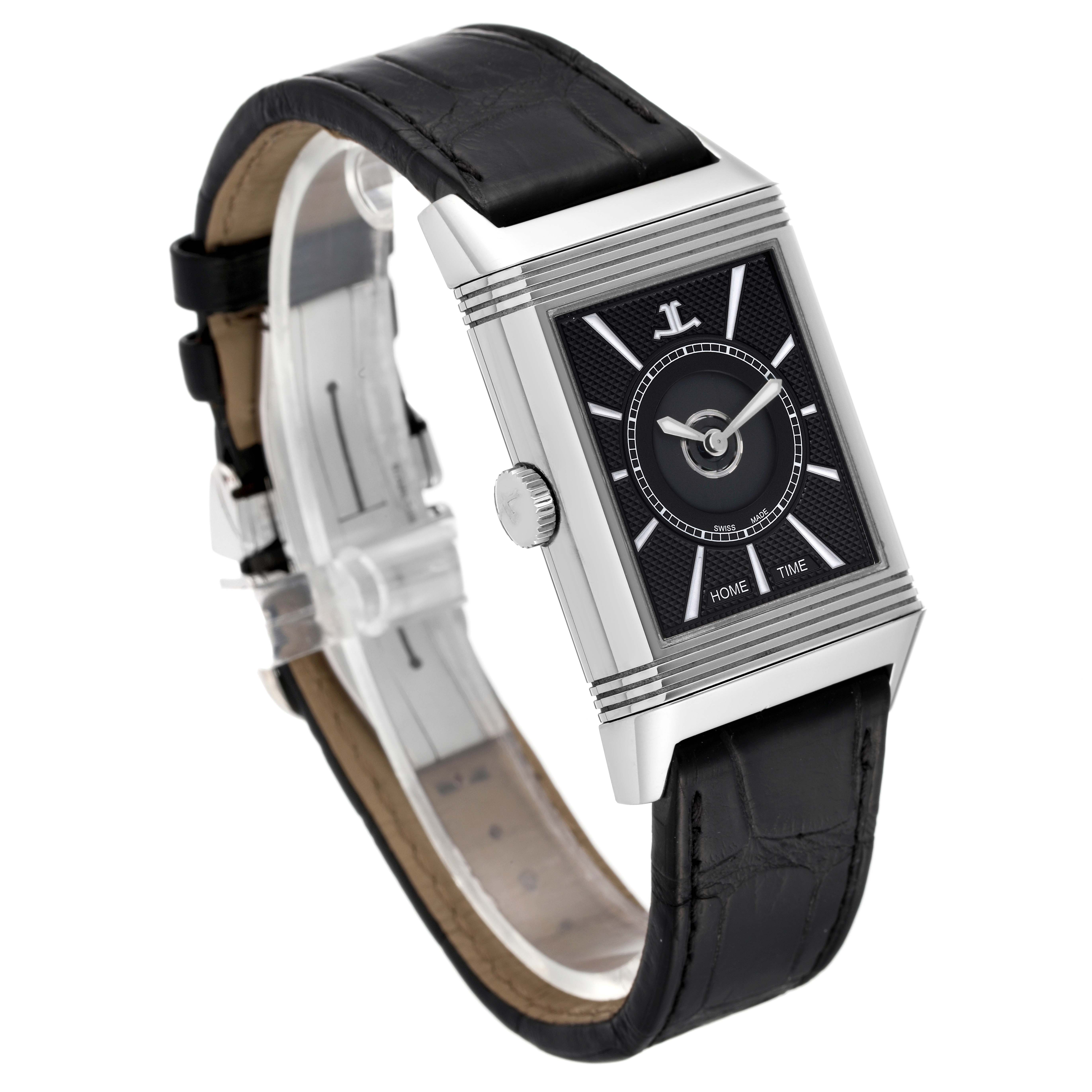 This Jaeger LeCoultre Reverso Q3838420 Men's Stainless Steel Silver Dial Q3838420 Men's Stainless Steel Silver Dial watch is shown at a slight angle, highlighting its rectangular face, crown, and black leather strap.
