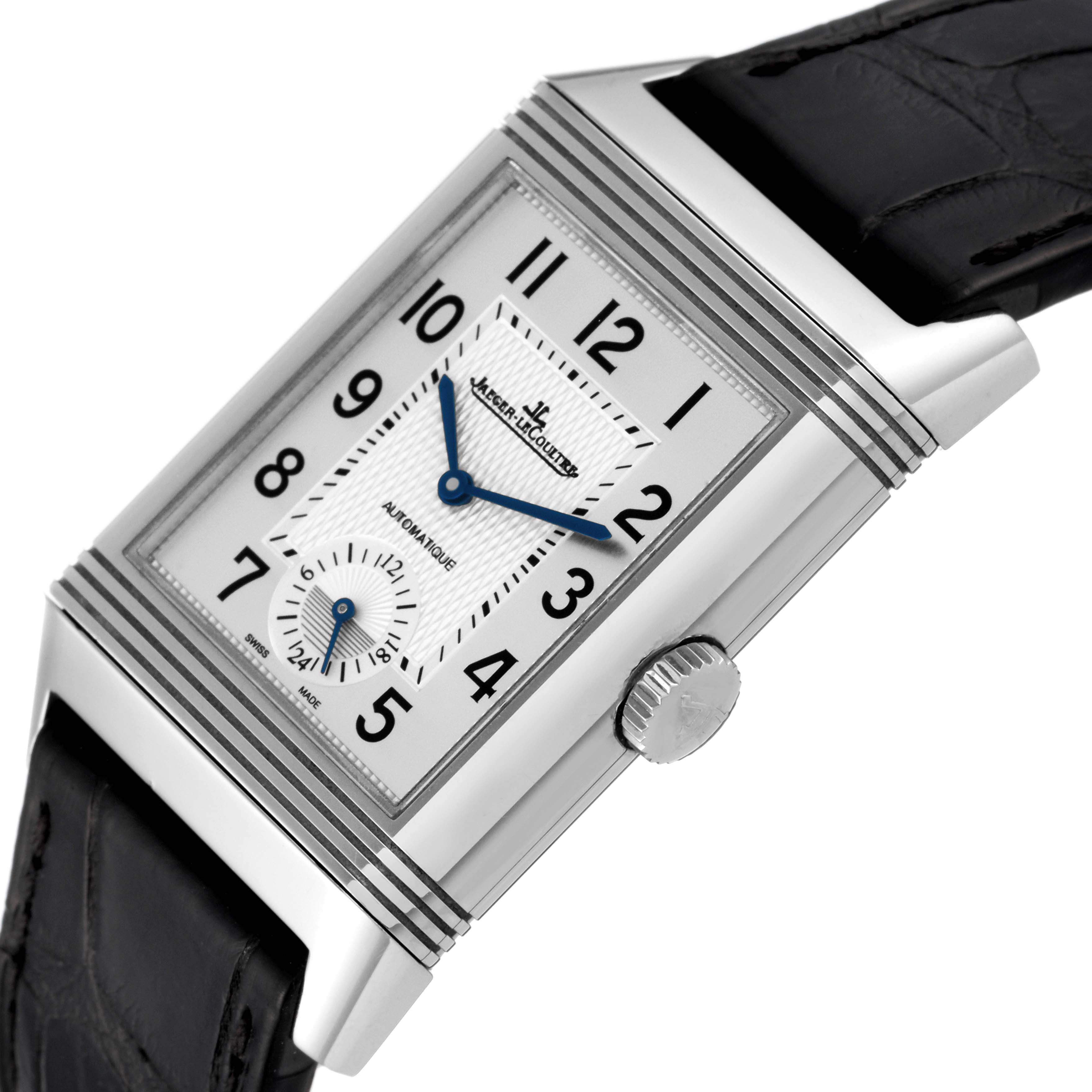 The image shows a close-up side angle of the Jaeger LeCoultre Reverso Q3838420 Men's Stainless Steel Silver Dial Q3838420 Men's Stainless Steel Silver Dial watch, featuring its dial, crown, and leather strap.