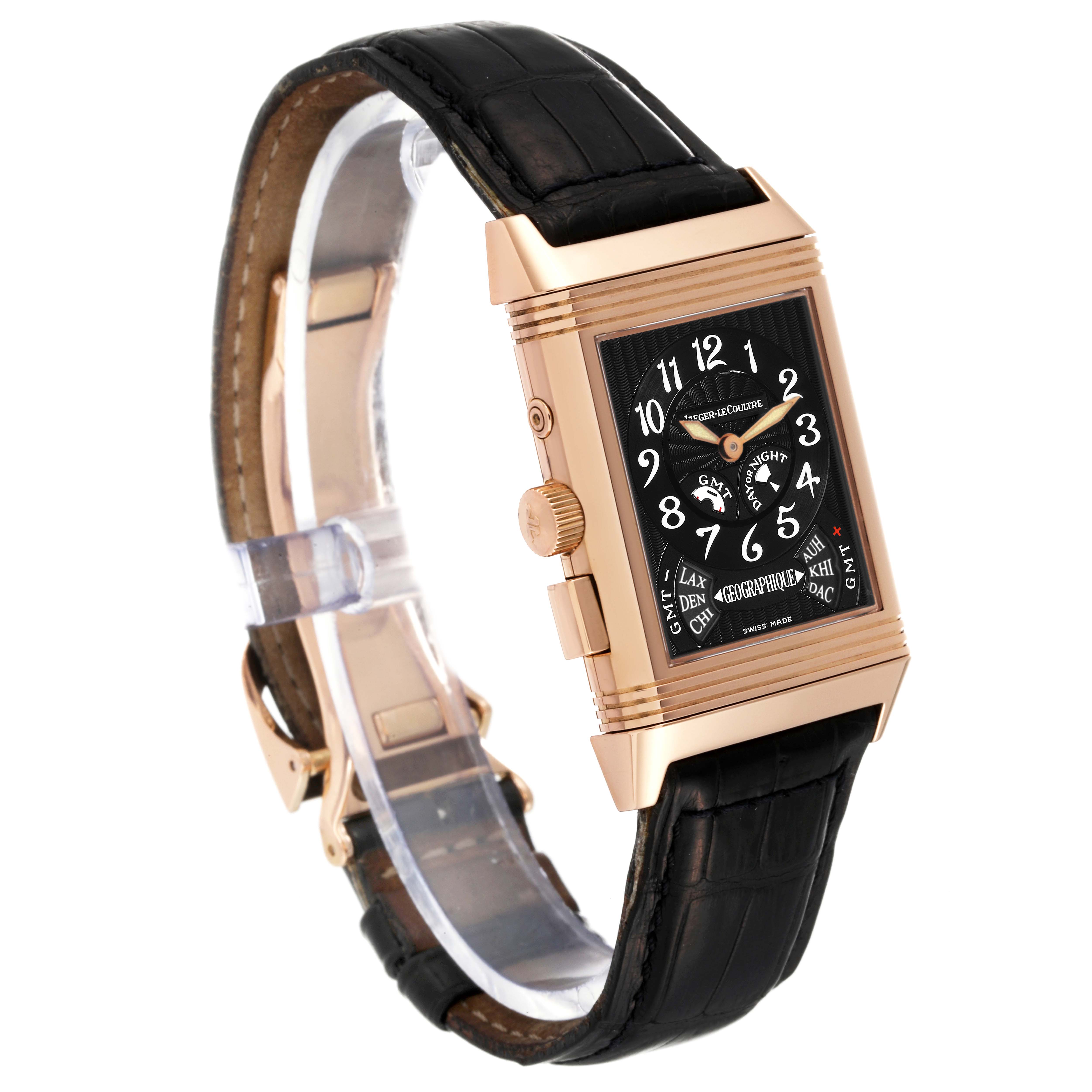 This image shows a Jaeger-LeCoultre Reverso watch at a three-quarter angle, highlighting the face, crown, and strap.