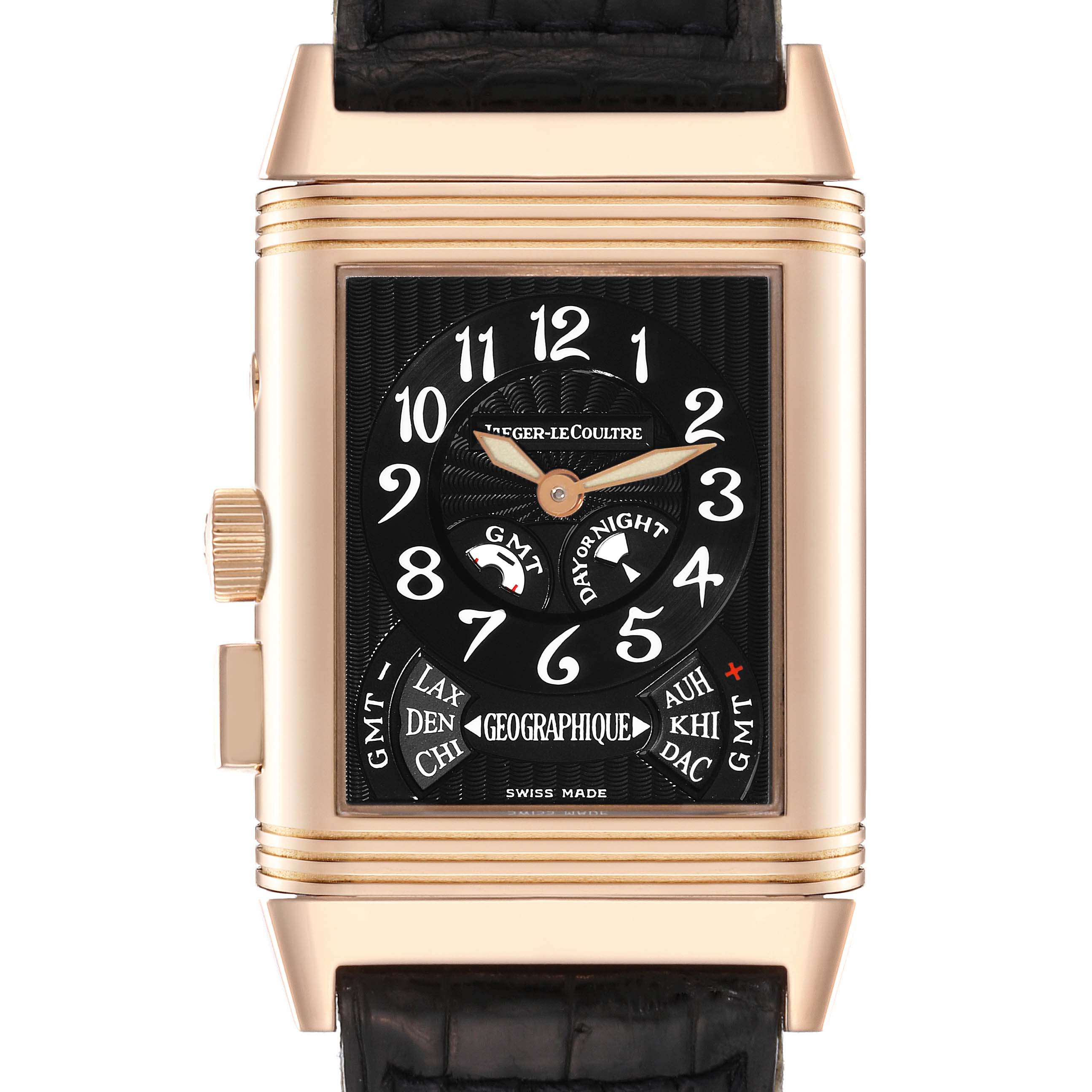 The image shows a frontal view of the Jaeger-LeCoultre Reverso watch, displaying its dial, crown, and strap.