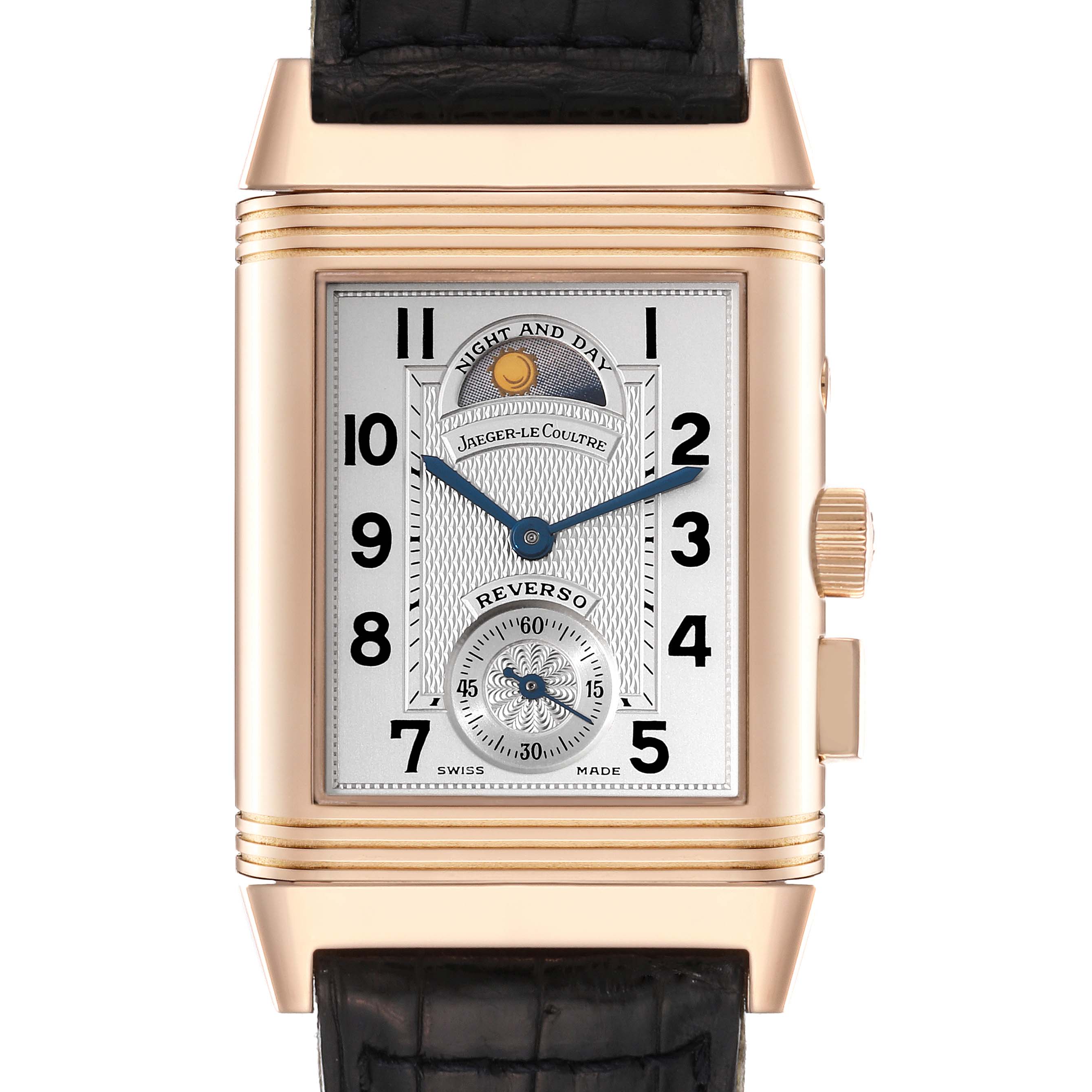 This is a front view of the Jaeger-LeCoultre Reverso watch, showcasing the dial, hour markers, hands, and crown.