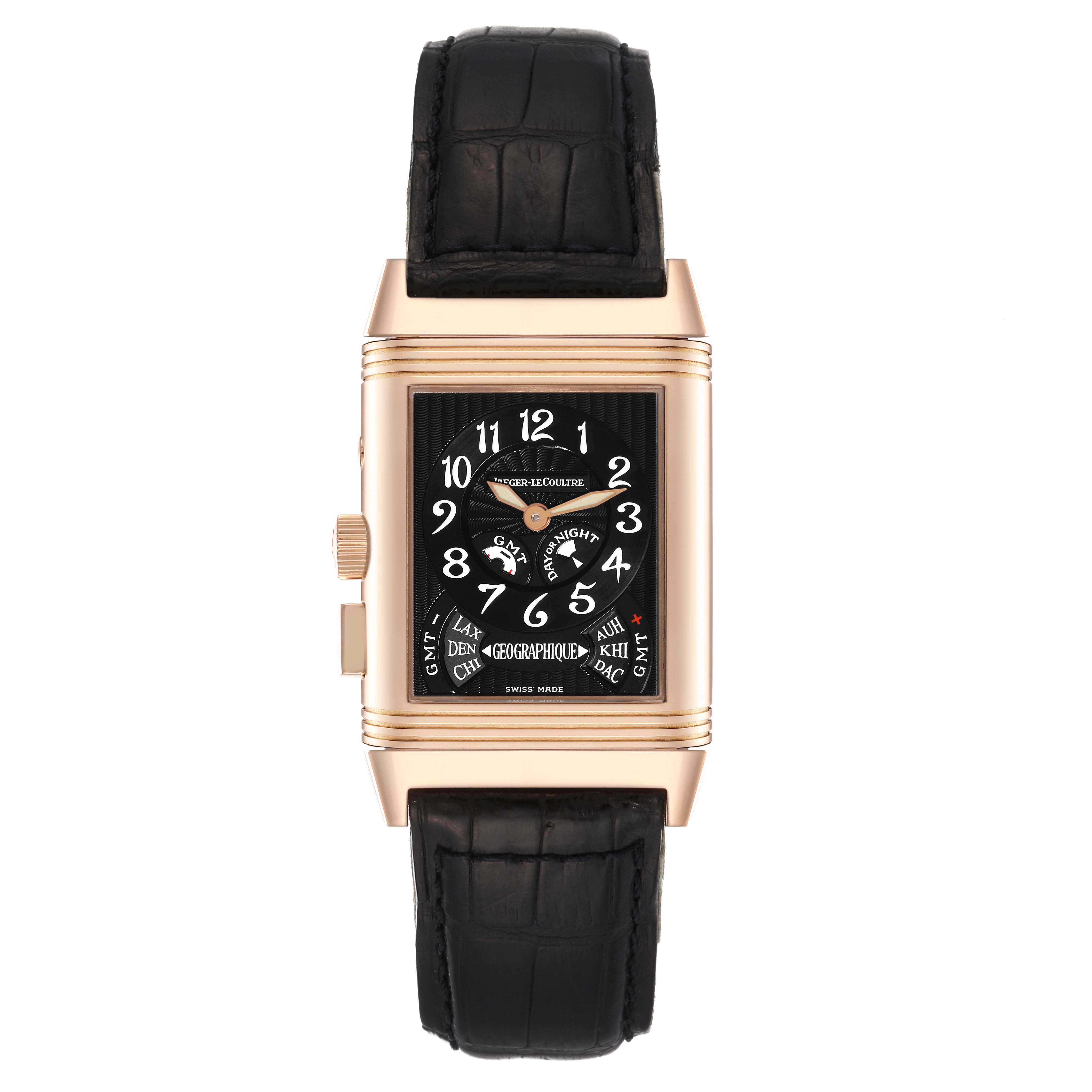 The image shows a Jaeger LeCoultre Reverso 270.2.582B Men's Rose Gold Silver Dial 270.2.582B Men's Rose Gold Silver Dial watch from a front angle, highlighting its black dial, gold case, and black leather strap.