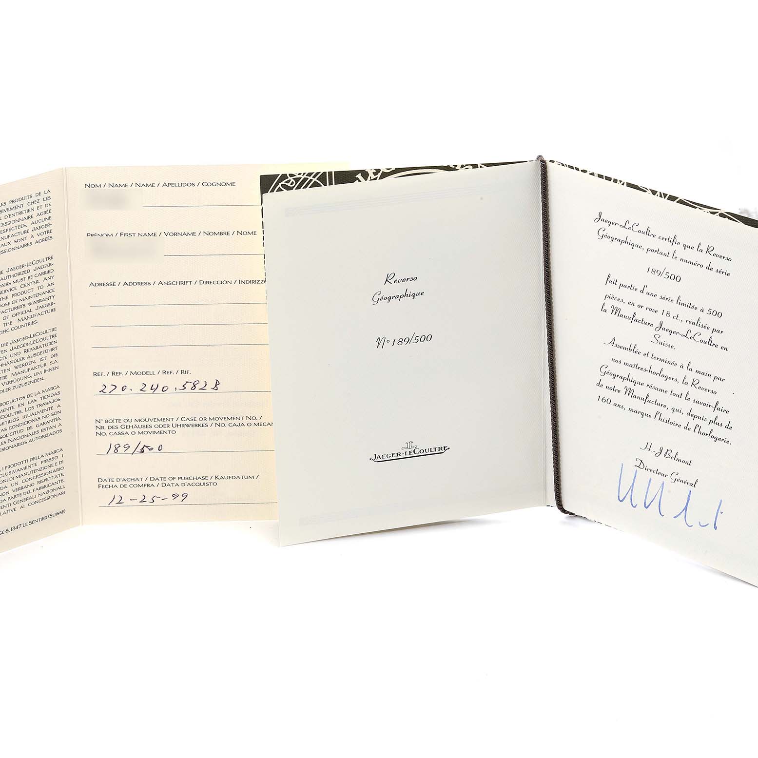 This image shows the documentation for the Reverso model by Jaeger LeCoultre, including warranty and certification papers.