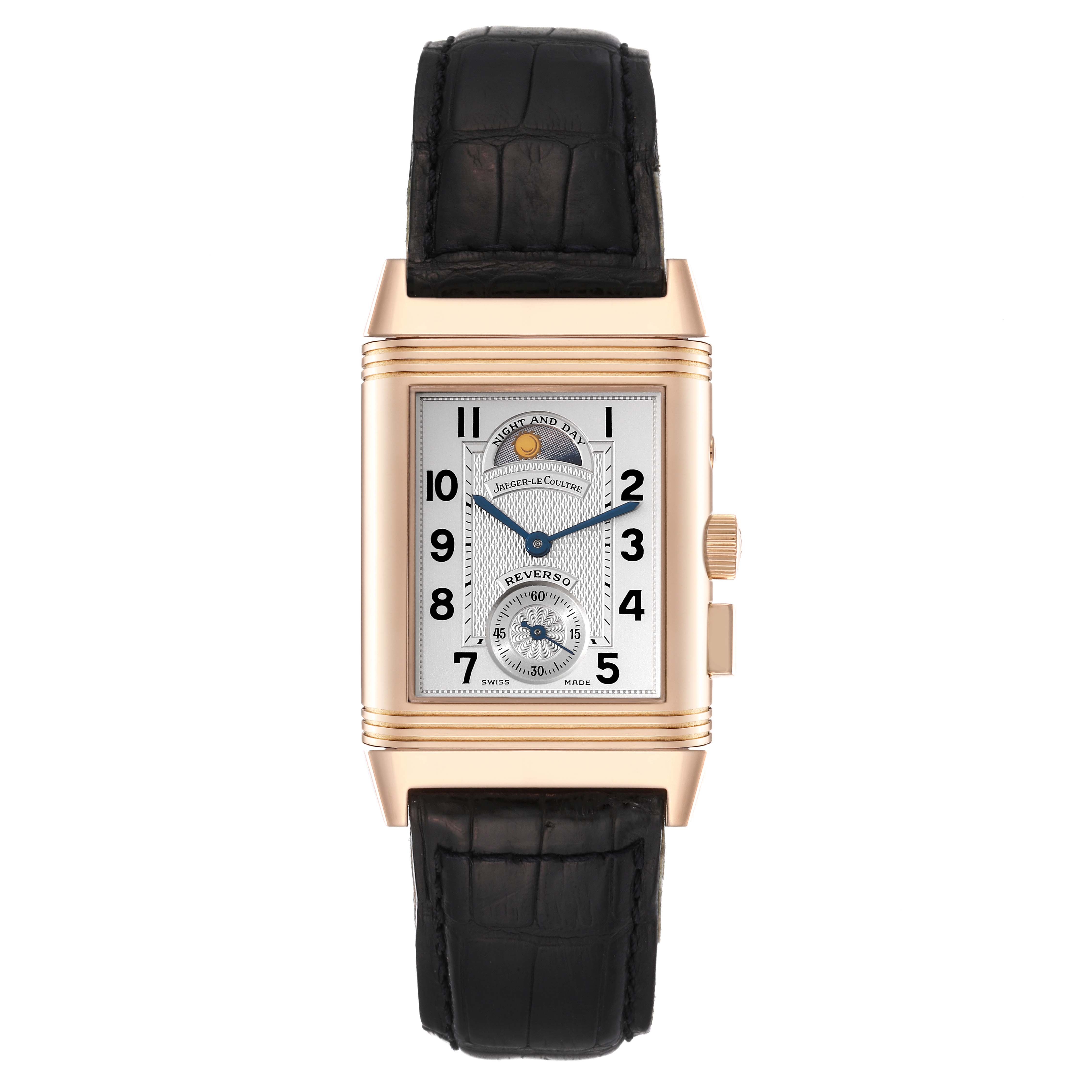 This image shows a Jaeger-LeCoultre Reverso watch from a front angle, highlighting its dial, crown, and leather strap.
