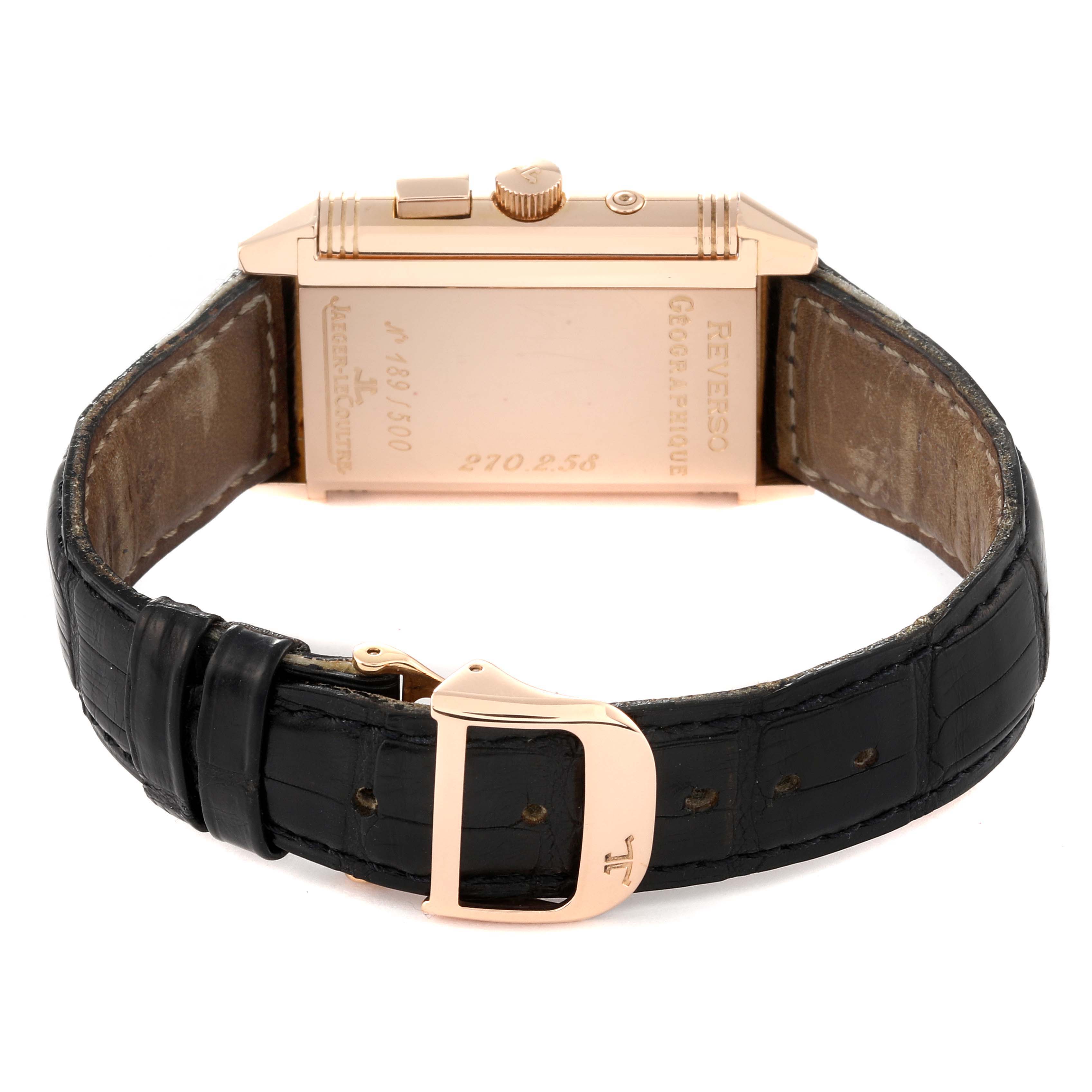 The image shows the back and side of a Jaeger LeCoultre Reverso 270.2.582B Men's Rose Gold Silver Dial 270.2.582B Men's Rose Gold Silver Dial watch, highlighting the watch's back plate, crown, and leather strap.