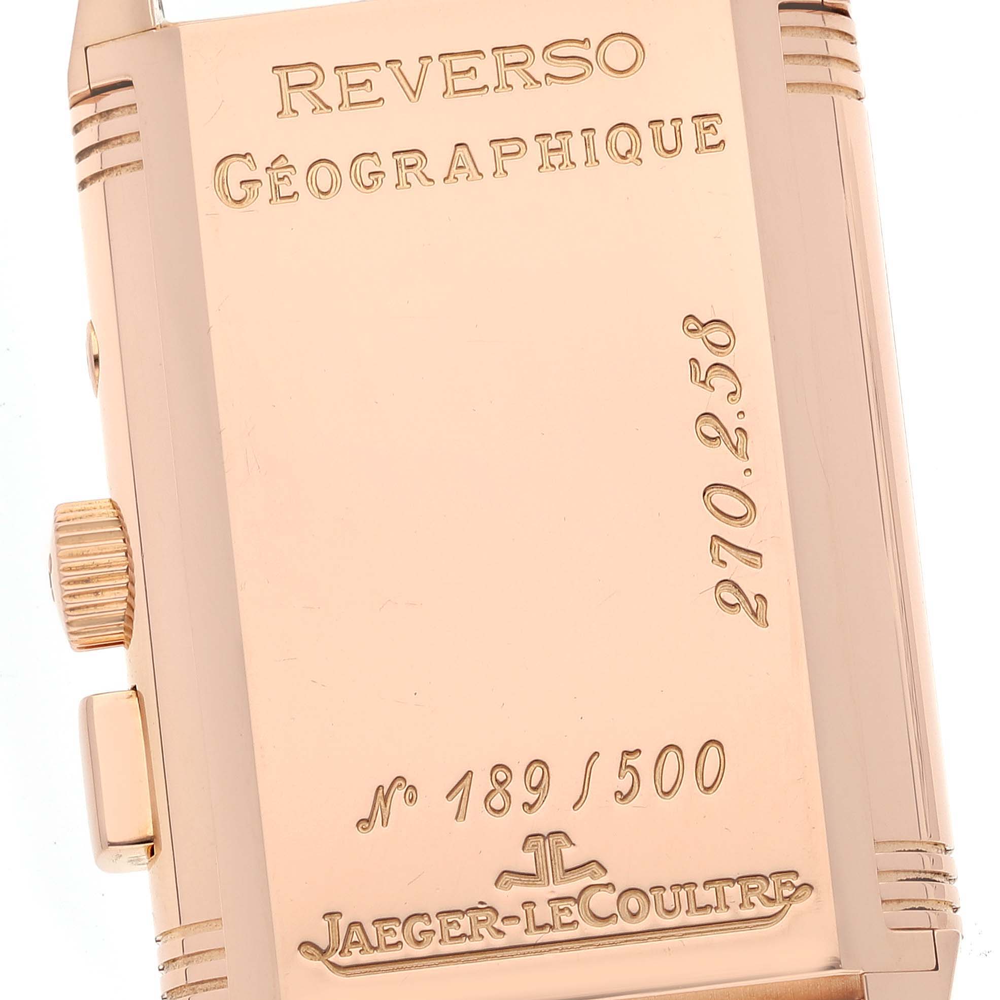 This image shows the back of the Jaeger-LeCoultre Reverso Géographique watch, featuring engraved details and the crown on the side.