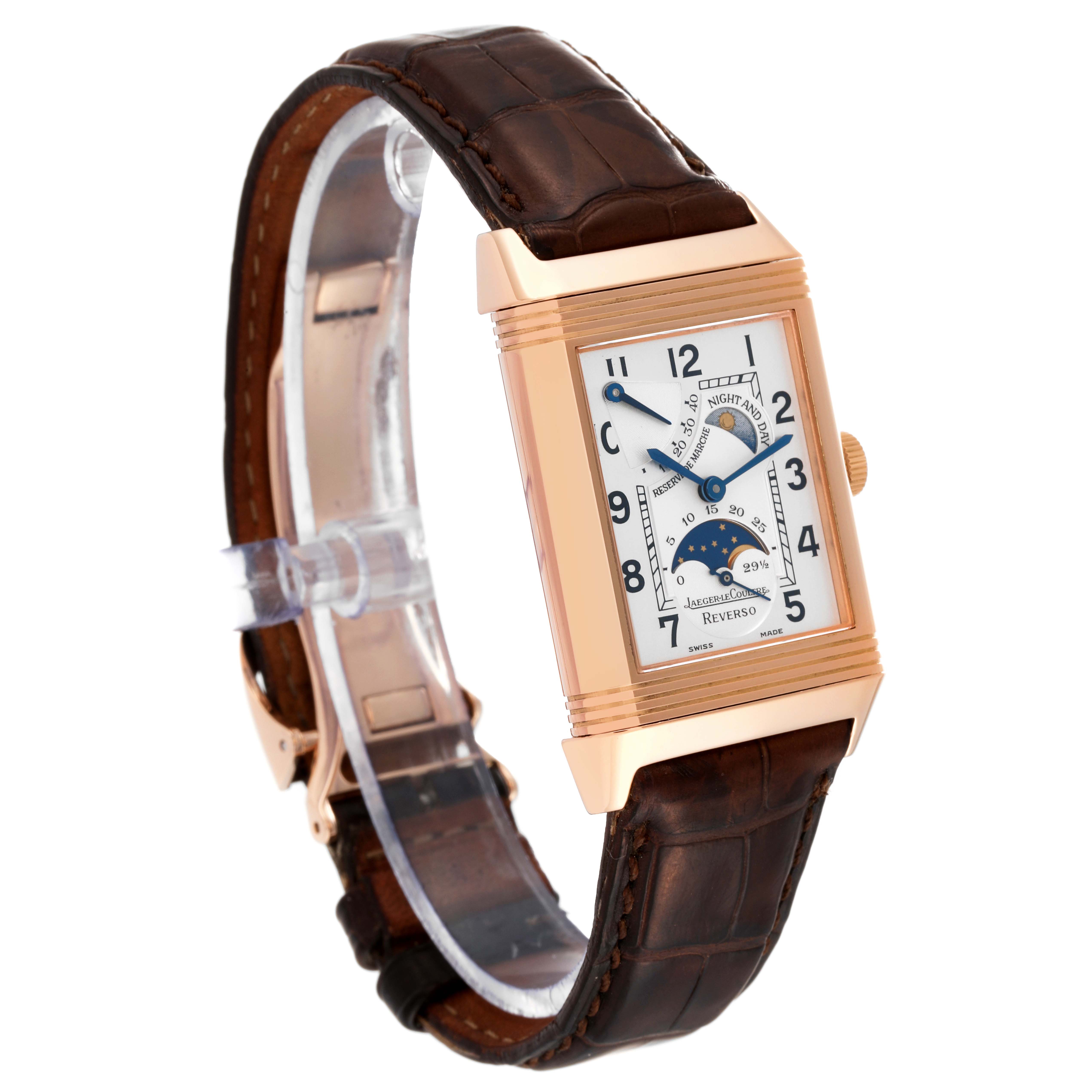 This Jaeger LeCoultre Reverso 270.2.63 Q2752420 Men
s Rose Gold Silver Dial 270.2.63 Q2752420 Men
s Rose Gold Silver Dial watch is shown at a three-quarter angle, highlighting its dial, leather strap, and side crown.