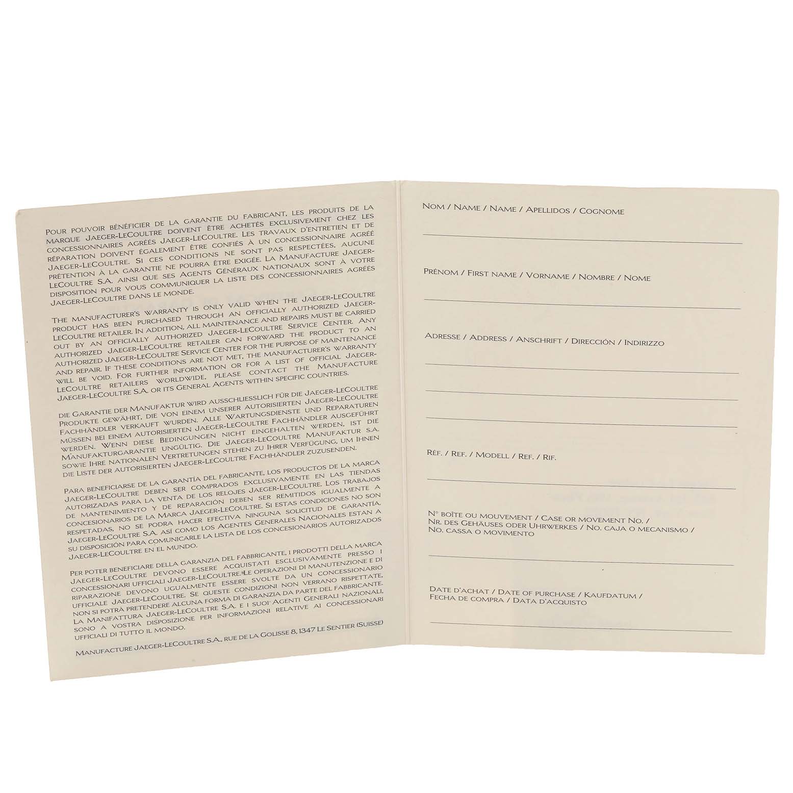 This image shows the open warranty booklet for a Jaeger LeCoultre Reverso 270.2.63 Q2752420 Men
s Rose Gold Silver Dial 270.2.63 Q2752420 Men
s Rose Gold Silver Dial watch with text and form fields.