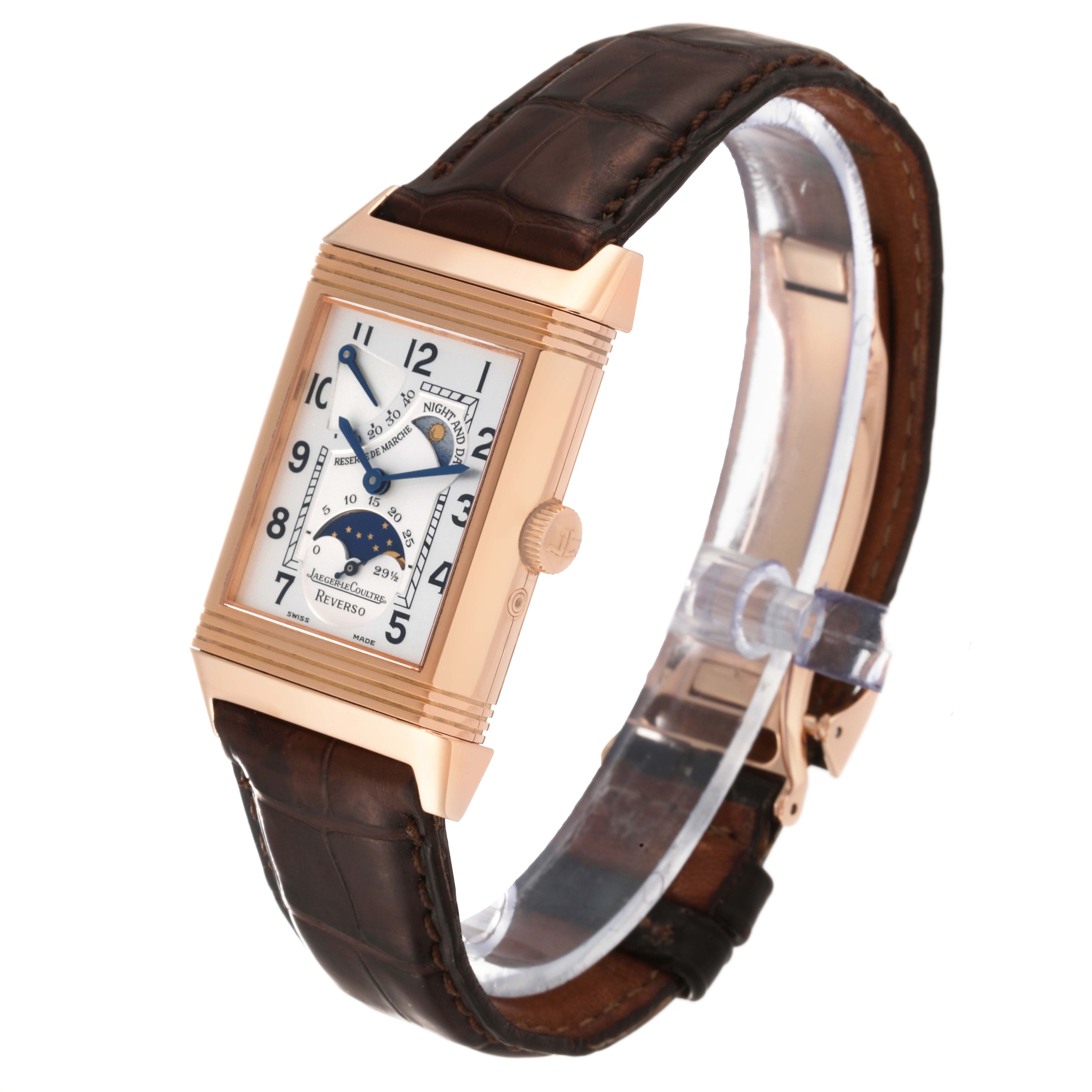The image shows a Jaeger LeCoultre Reverso 270.2.63 Q2752420 Men
s Rose Gold Silver Dial 270.2.63 Q2752420 Men
s Rose Gold Silver Dial watch angled to display its face, case, crown, and leather strap.