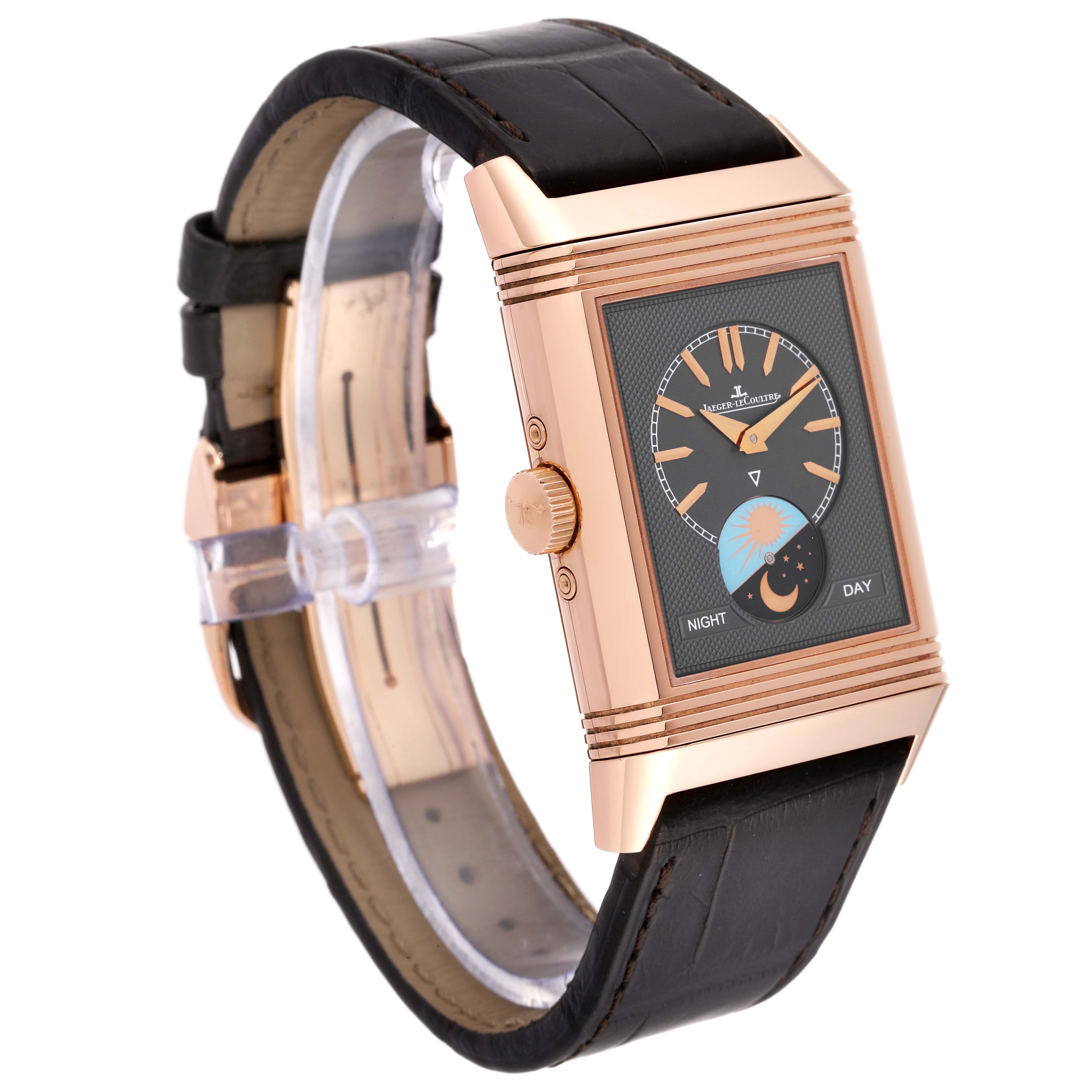 The image shows a Jaeger LeCoultre Reverso Q3912420 Men's Rose Gold Silver Dial Q3912420 Men's Rose Gold Silver Dial watch at a three-quarter angle, highlighting the face, crown, and strap.