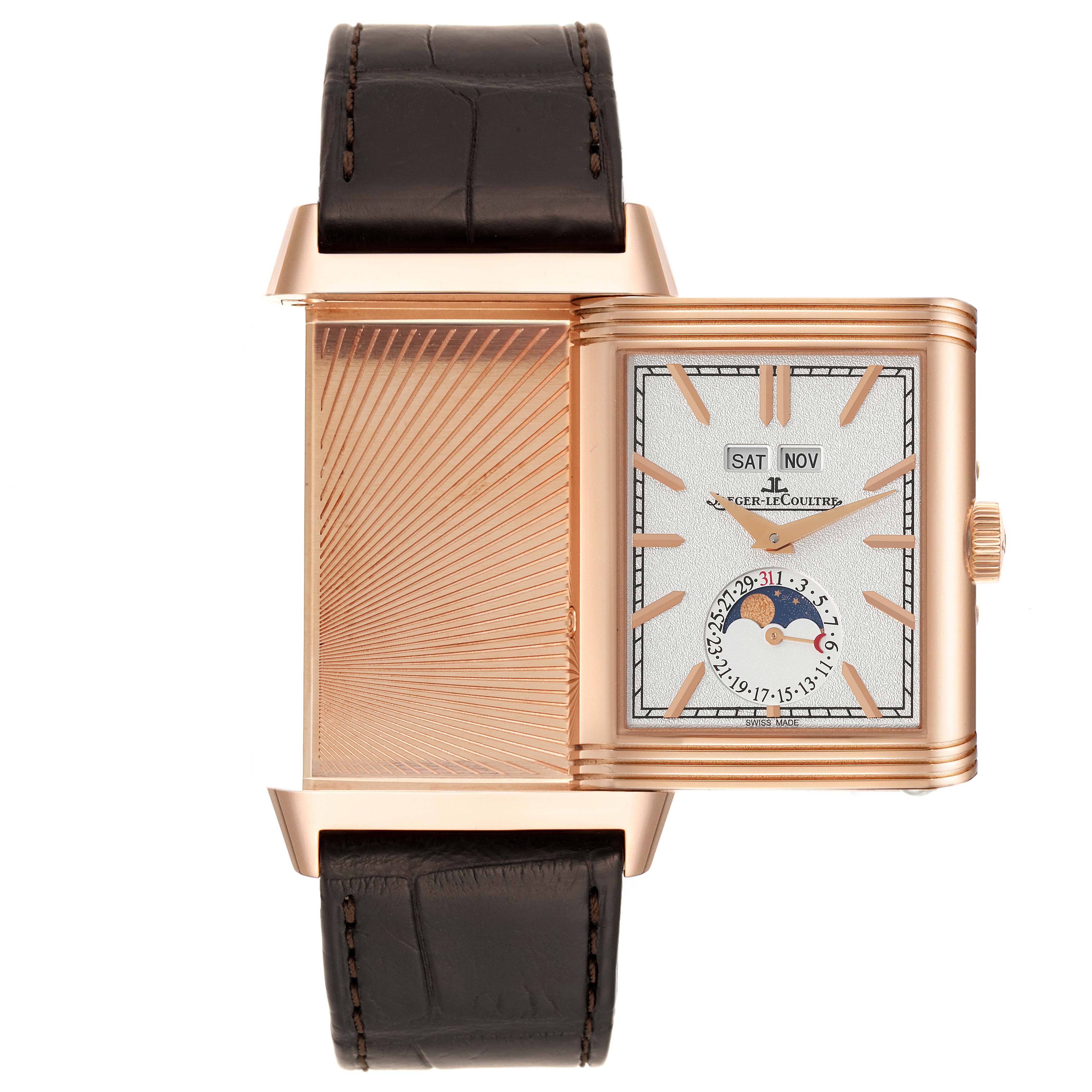 The image shows the Jaeger LeCoultre Reverso Q3912420 Men's Rose Gold Silver Dial Q3912420 Men's Rose Gold Silver Dial watch with one side displaying the dial and the other side closed, viewed from the front.