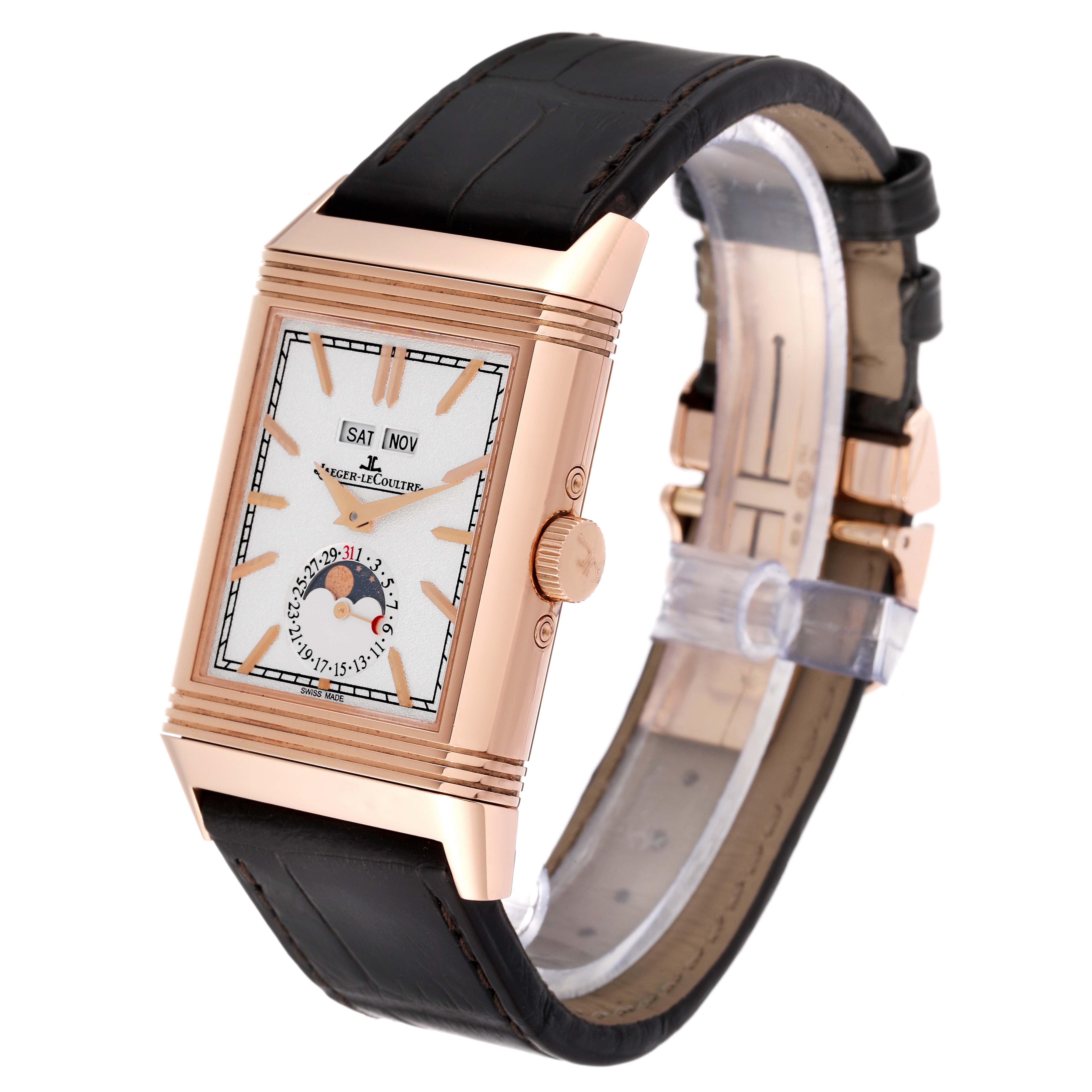 The image shows a Jaeger LeCoultre Reverso Q3912420 Men's Rose Gold Silver Dial Q3912420 Men's Rose Gold Silver Dial model watch from an angled front view, displaying the dial, case, crown, and part of the leather strap.