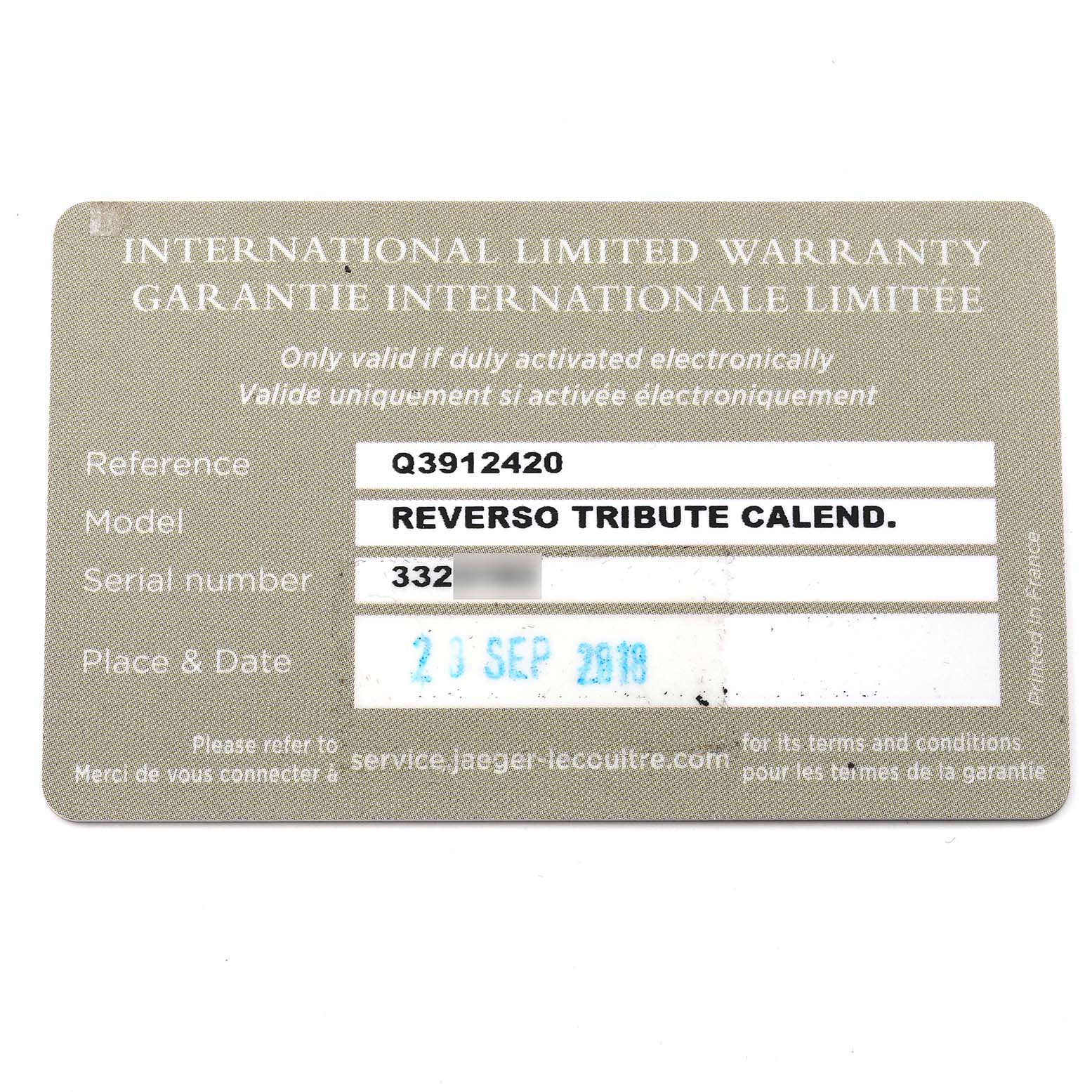 The image shows an International Limited Warranty card for a Jaeger-LeCoultre Reverso Tribute Calendar watch.
