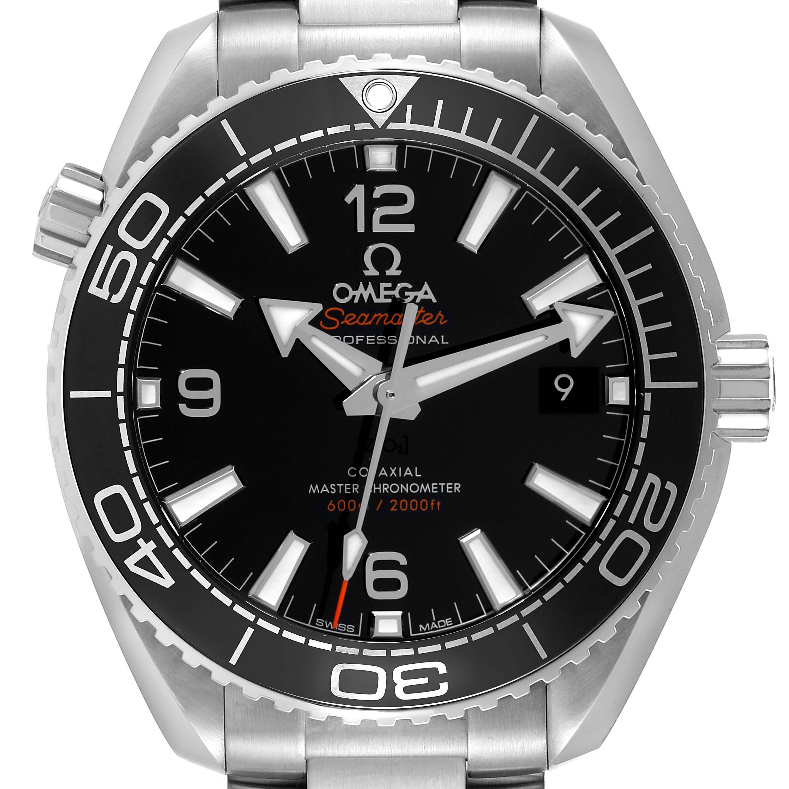 The image shows a front view of the Omega Planet Ocean 215.30.40.20.01.001 Men
s Stainless Steel Black Dial 215.30.40.20.01.001 Men
s Stainless Steel Black Dial Seamaster watch, highlighting the dial, bezel, and stainless steel case.