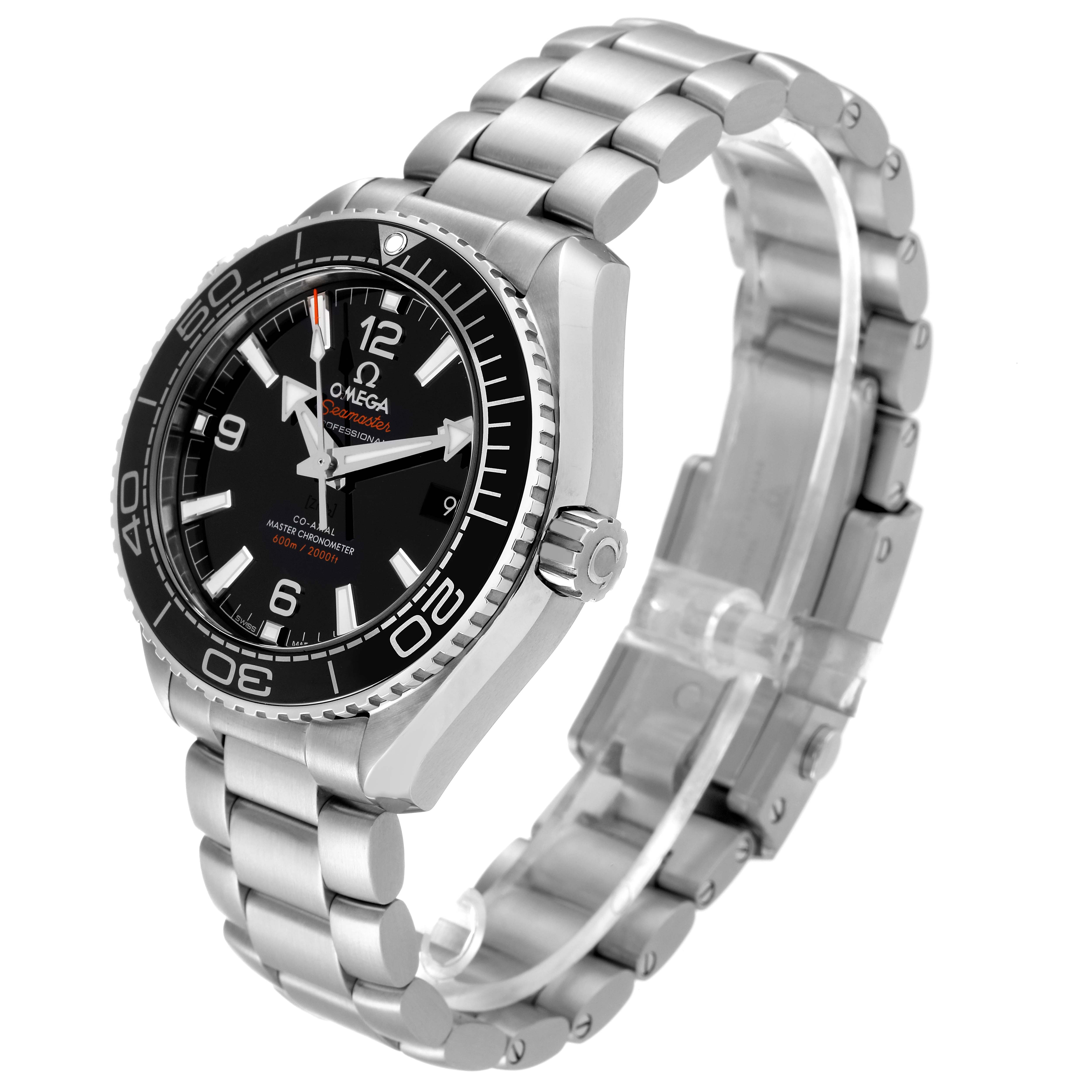 The Omega Planet Ocean 215.30.40.20.01.001 Men
s Stainless Steel Black Dial 215.30.40.20.01.001 Men
s Stainless Steel Black Dial watch is shown at a three-quarter angle emphasizing the dial, bezel, and bracelet.