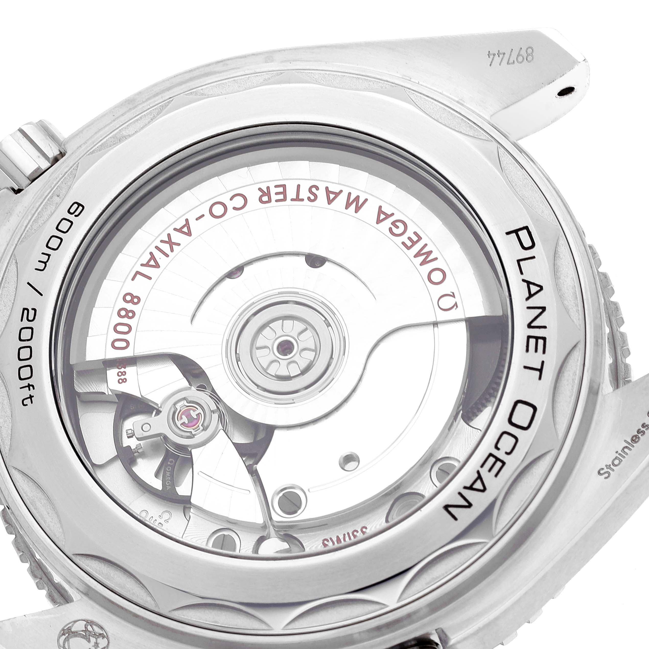 The image shows a close-up of the caseback of an Omega Planet Ocean 215.30.40.20.01.001 Men
s Stainless Steel Black Dial 215.30.40.20.01.001 Men
s Stainless Steel Black Dial watch, highlighting its internal mechanics.