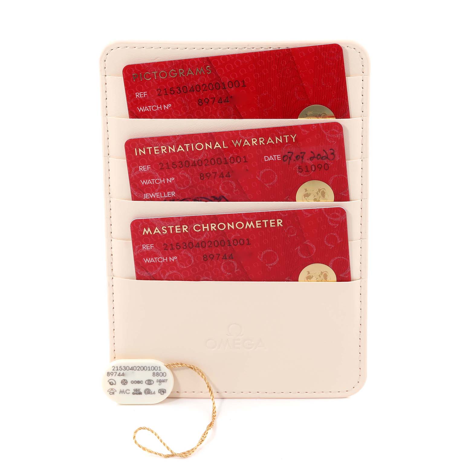 The image shows the warranty cards and tags for an Omega Planet Ocean 215.30.40.20.01.001 Men
s Stainless Steel Black Dial 215.30.40.20.01.001 Men
s Stainless Steel Black Dial watch, displayed in a leather cardholder.