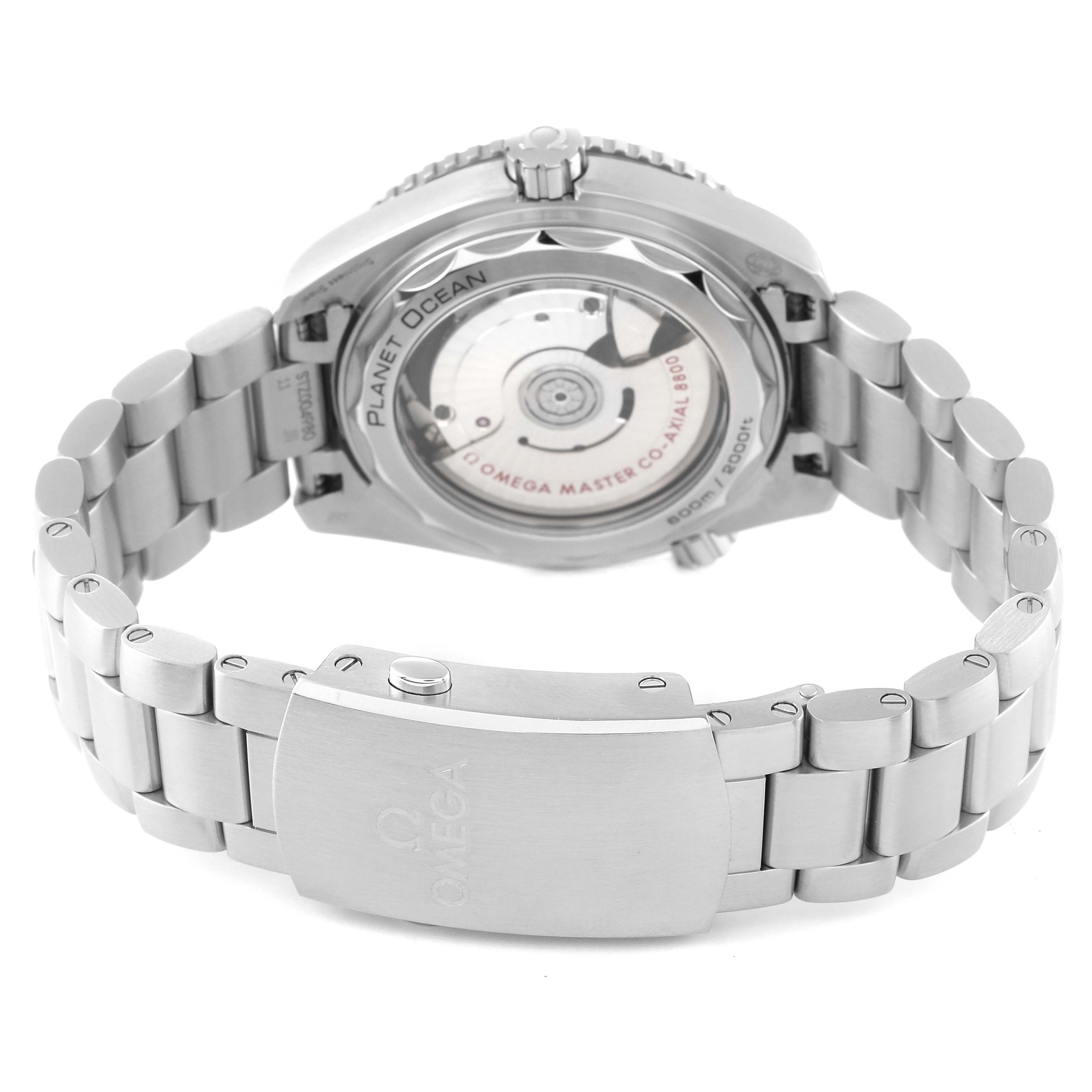 The image shows the back view of the Omega Planet Ocean 215.30.40.20.01.001 Men
s Stainless Steel Black Dial 215.30.40.20.01.001 Men
s Stainless Steel Black Dial watch, highlighting the bracelet, clasp, and see-through case back.