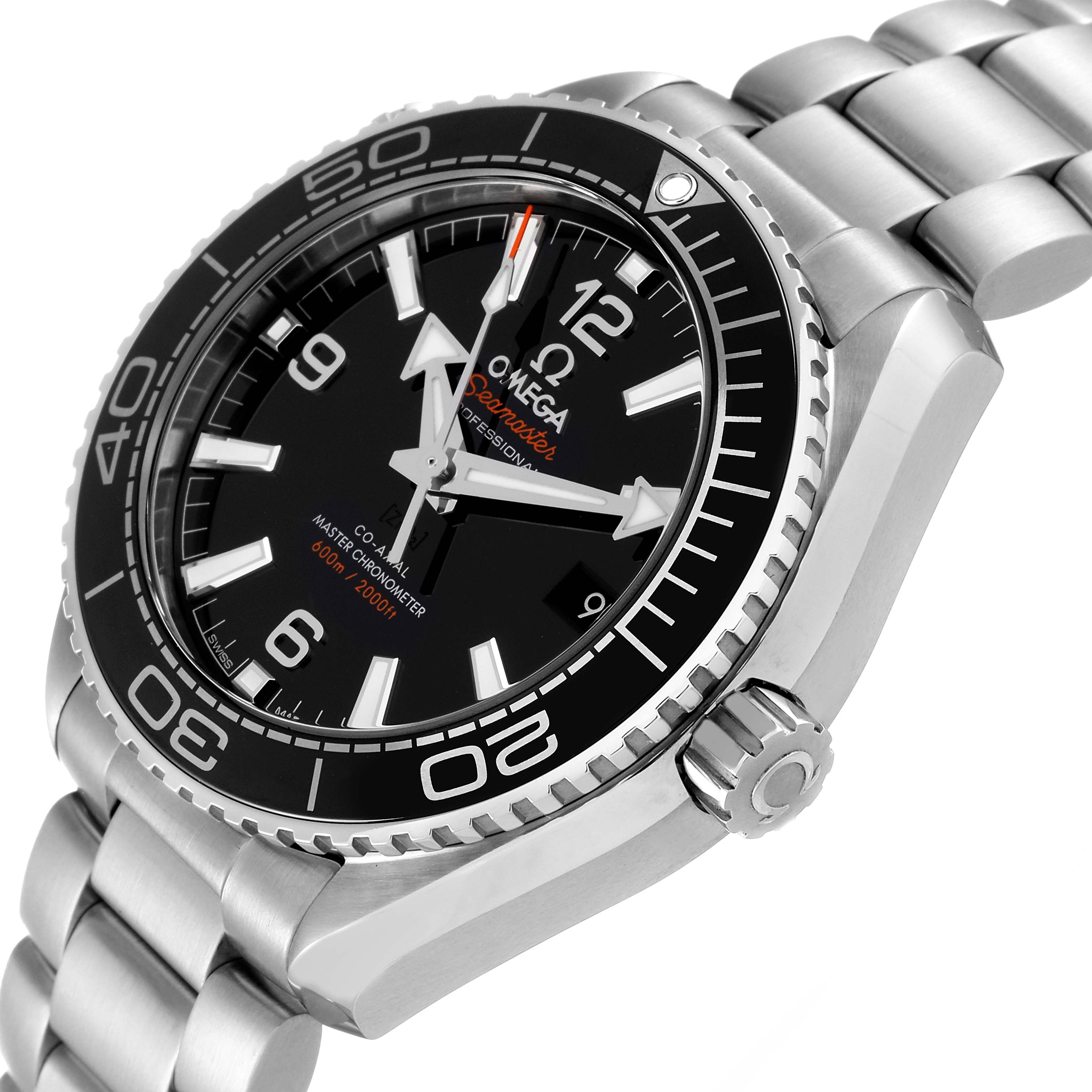 The image shows a close-up angle of the Omega Planet Ocean 215.30.40.20.01.001 Men
s Stainless Steel Black Dial 215.30.40.20.01.001 Men
s Stainless Steel Black Dial
s bezel, dial, crown, and bracelet.