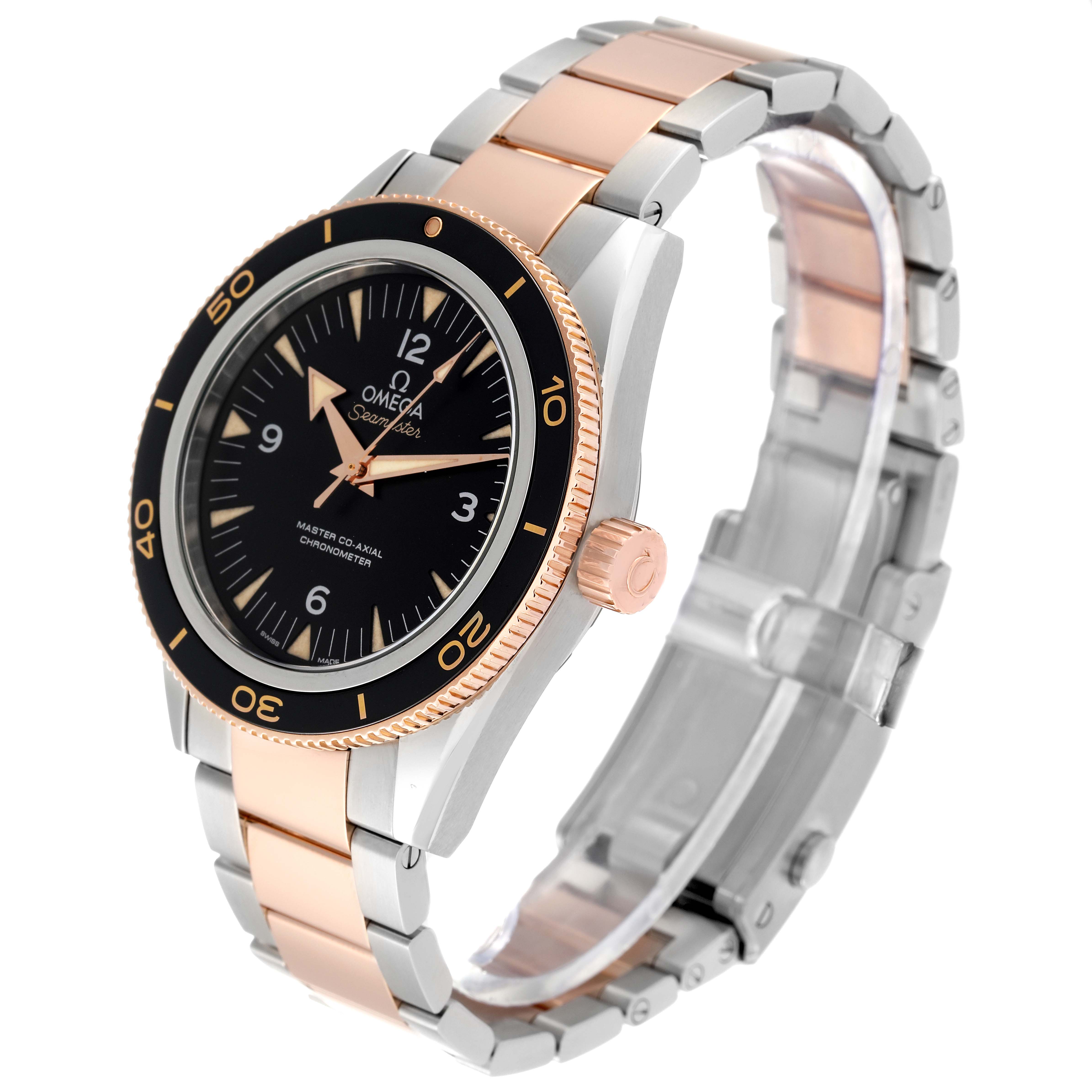 The Omega Seamaster 233.20.41.21.01.001 Men's Steel and Gold (two tone) Black Dial 233.20.41.21.01.001 Men's Steel and Gold (two tone) Black Dial watch is shown at an angled side view, highlighting the dial, bezel, crown, and two-tone bracelet.
