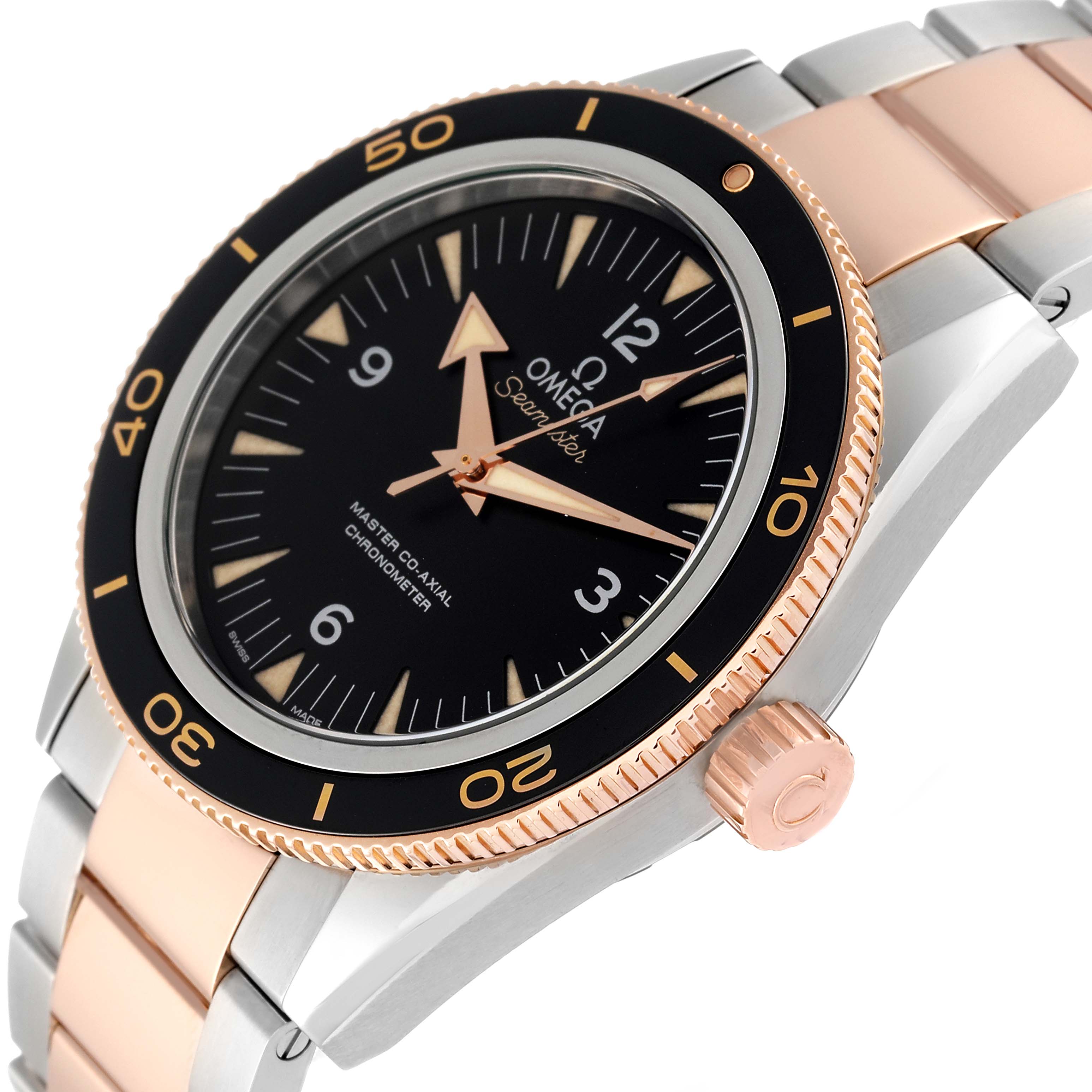 The image shows a close-up side angle of an Omega Seamaster 233.20.41.21.01.001 Men's Steel and Gold (two tone) Black Dial 233.20.41.21.01.001 Men's Steel and Gold (two tone) Black Dial watch, highlighting the bezel, crown, and partial bracelet.