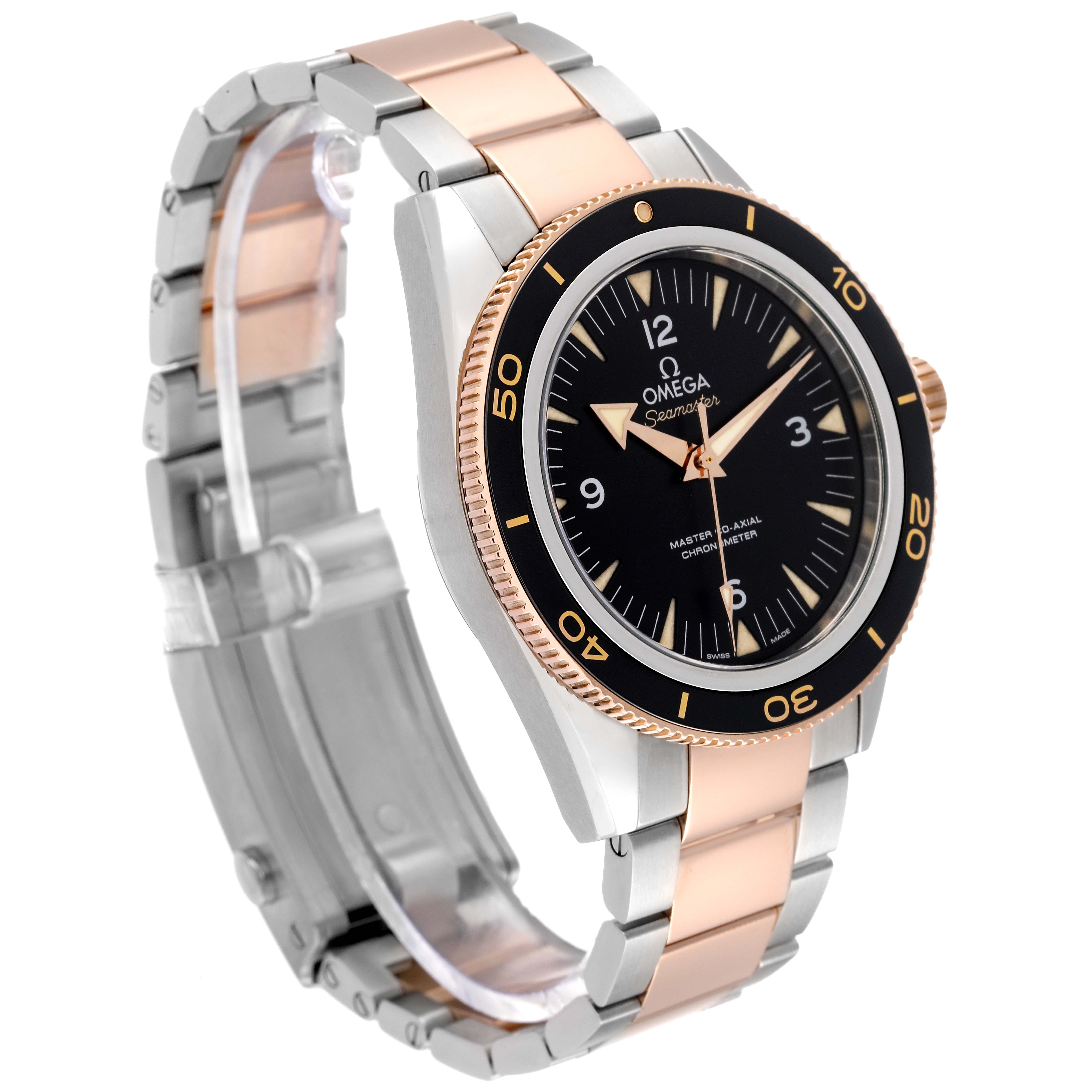 The image shows an Omega Seamaster 233.20.41.21.01.001 Men's Steel and Gold (two tone) Black Dial 233.20.41.21.01.001 Men's Steel and Gold (two tone) Black Dial watch at a three-quarter angle, highlighting the dial, bezel, and bracelet.
