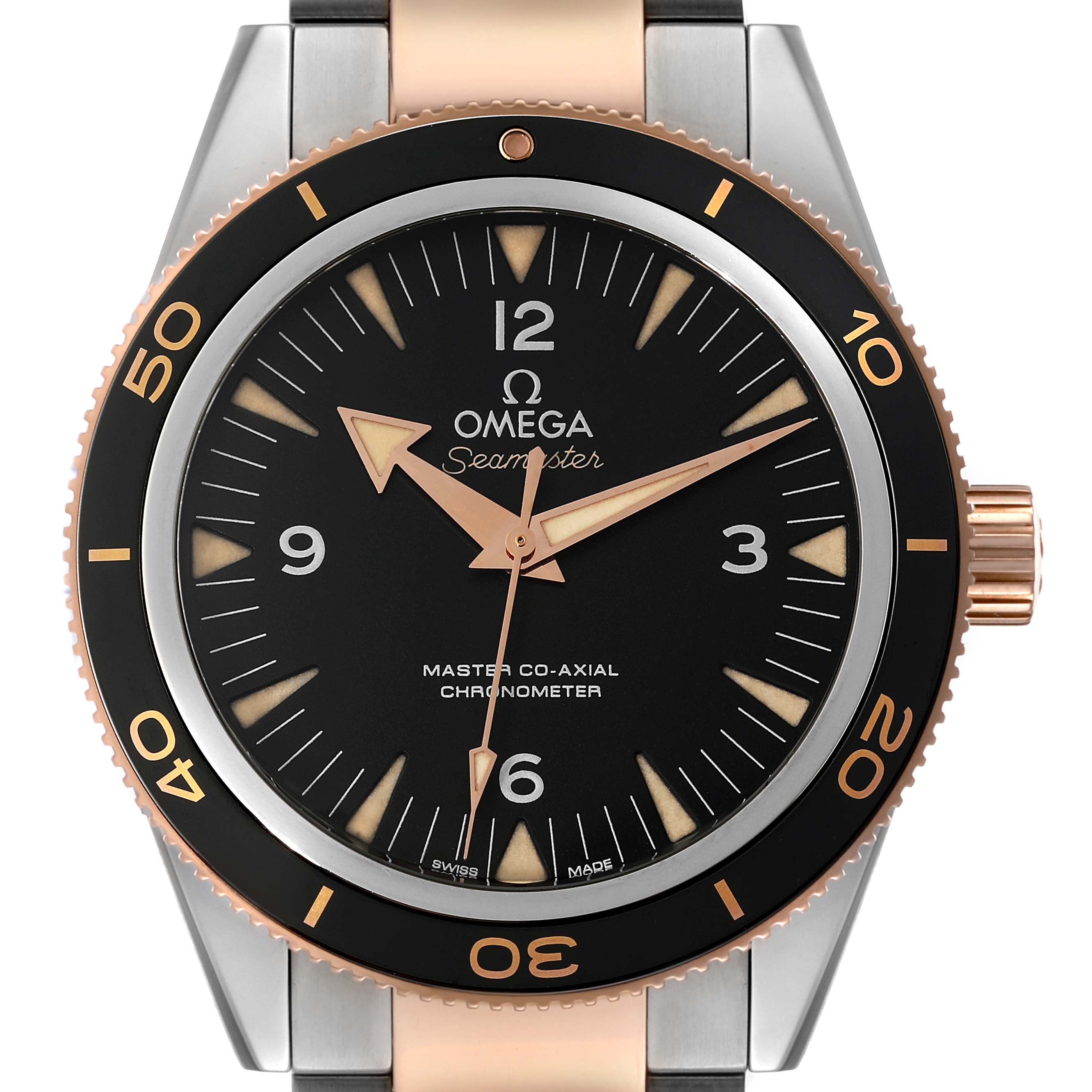 The image shows a front view of an Omega Seamaster 233.20.41.21.01.001 Men's Steel and Gold (two tone) Black Dial 233.20.41.21.01.001 Men's Steel and Gold (two tone) Black Dial watch, highlighting the black dial, bezel, and part of the two-tone bracelet.