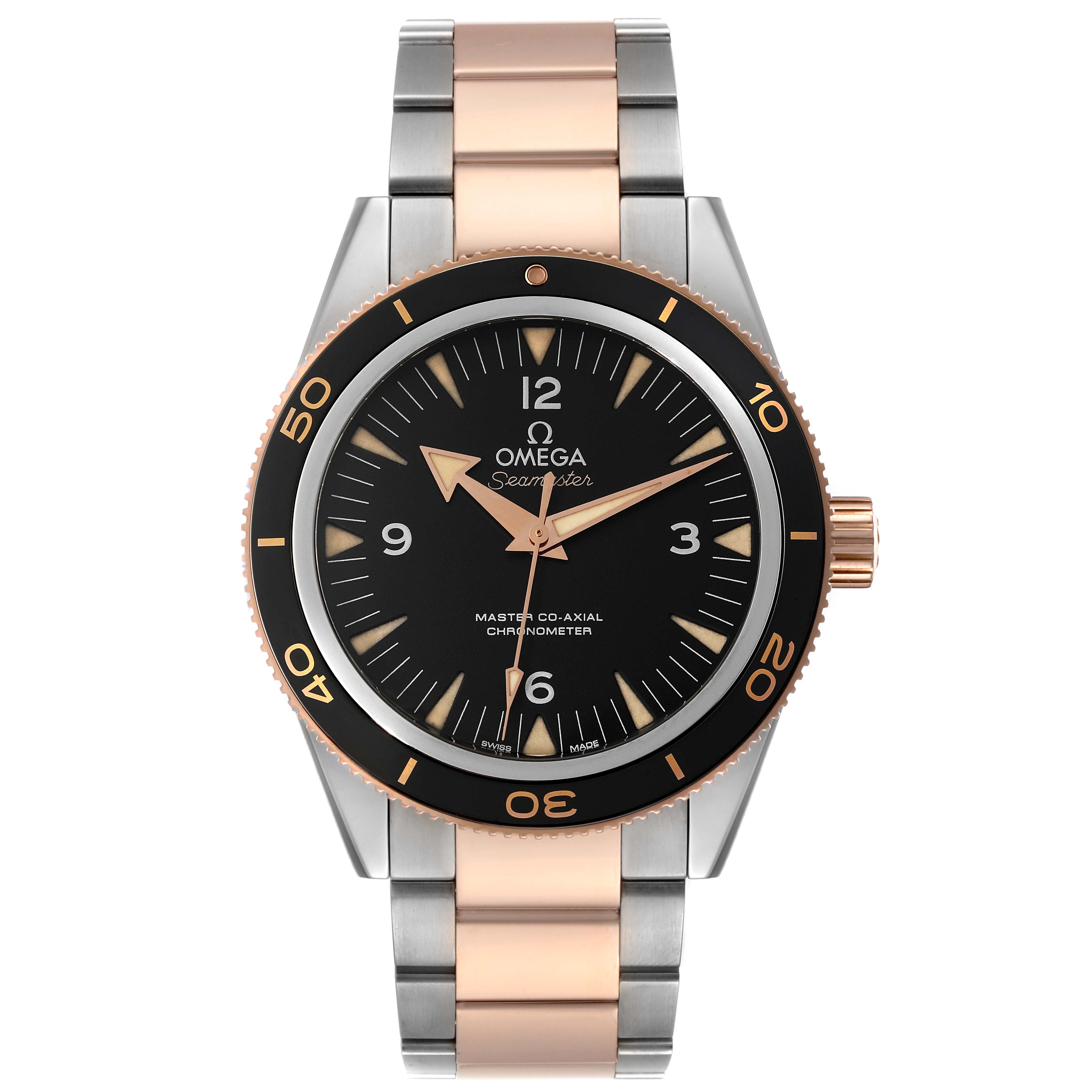 The image shows a front view of the Omega Seamaster 233.20.41.21.01.001 Men's Steel and Gold (two tone) Black Dial 233.20.41.21.01.001 Men's Steel and Gold (two tone) Black Dial watch, showcasing its dial, bezel, and two-tone bracelet.