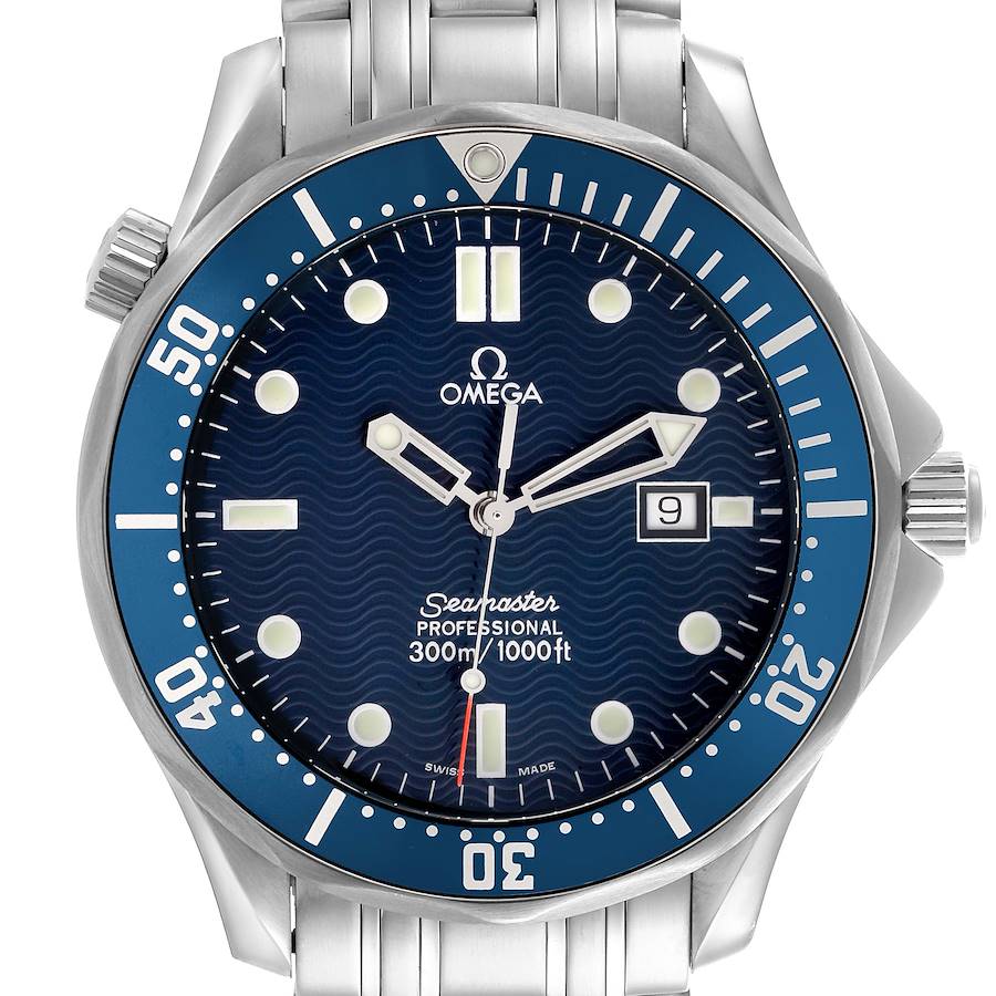 The Omega Seamaster watch is shown from a front angle, displaying the dial, bezel, and part of the bracelet.