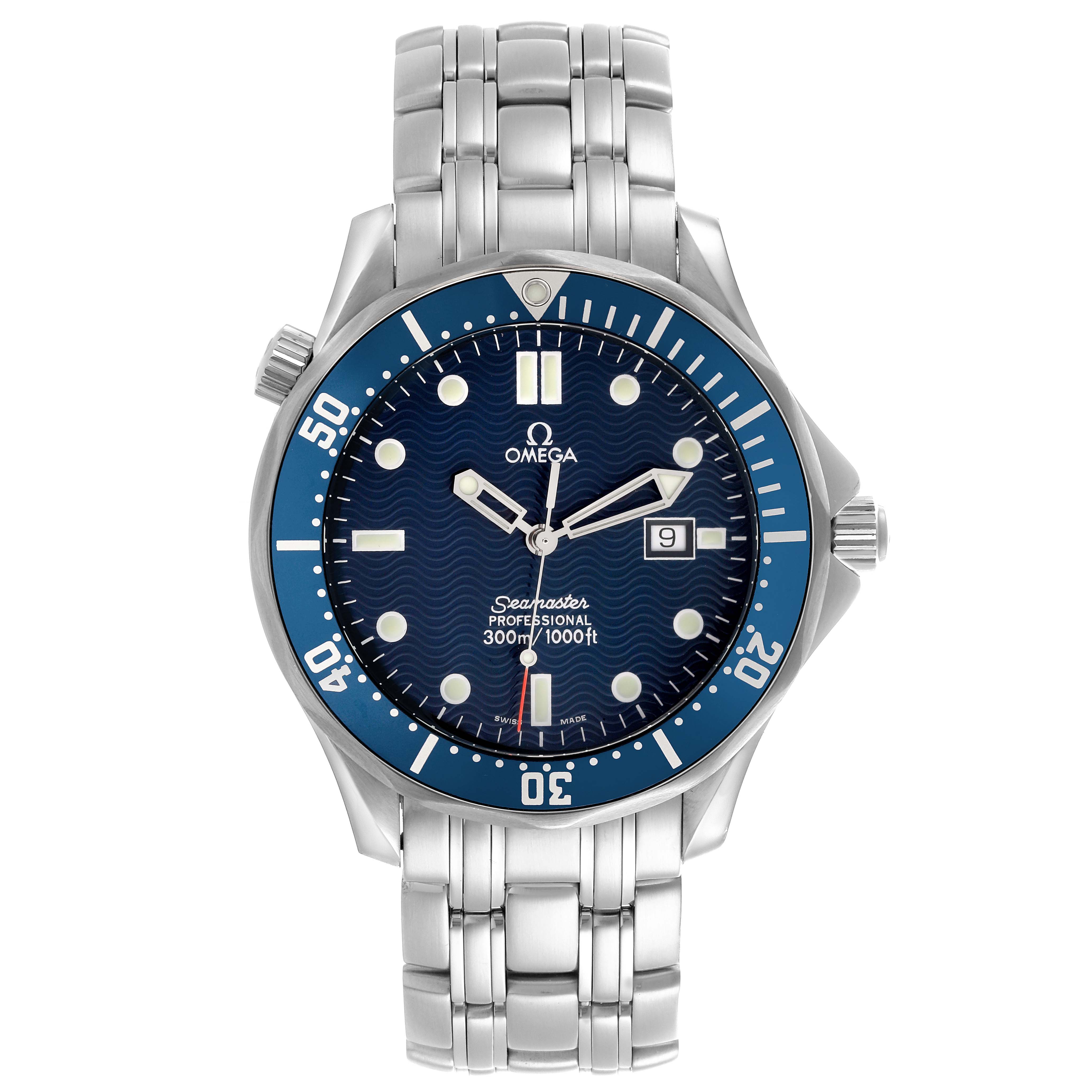 The Omega Seamaster 2541.80.00 Men
s Stainless Steel Blue Dial 2541.80.00 Men
s Stainless Steel Blue Dial watch is shown from the front, displaying its face, bezel, and bracelet.