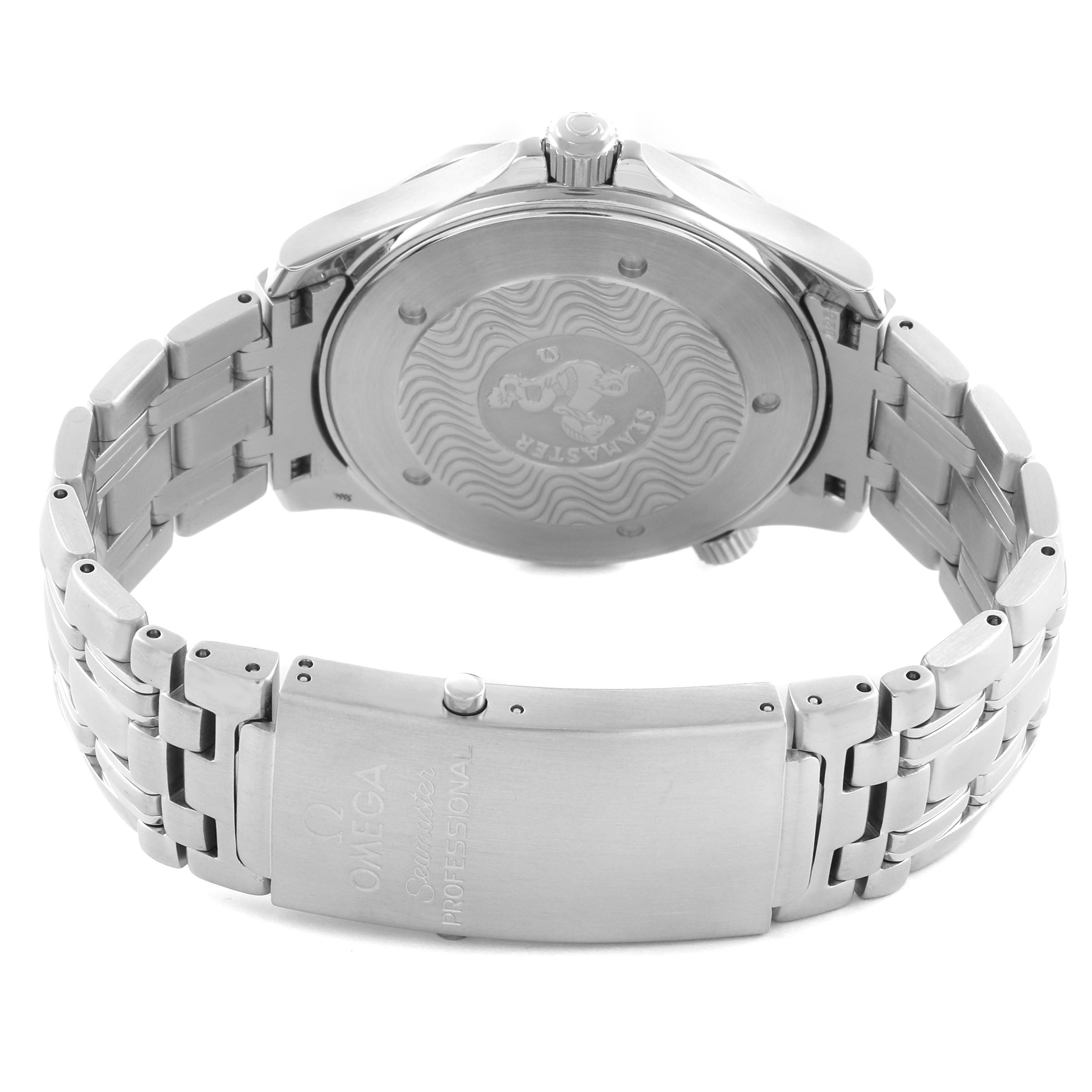 The Omega Seamaster 2541.80.00 Men
s Stainless Steel Blue Dial 2541.80.00 Men
s Stainless Steel Blue Dial watch is shown from the back, displaying the case back and metal bracelet clasp.