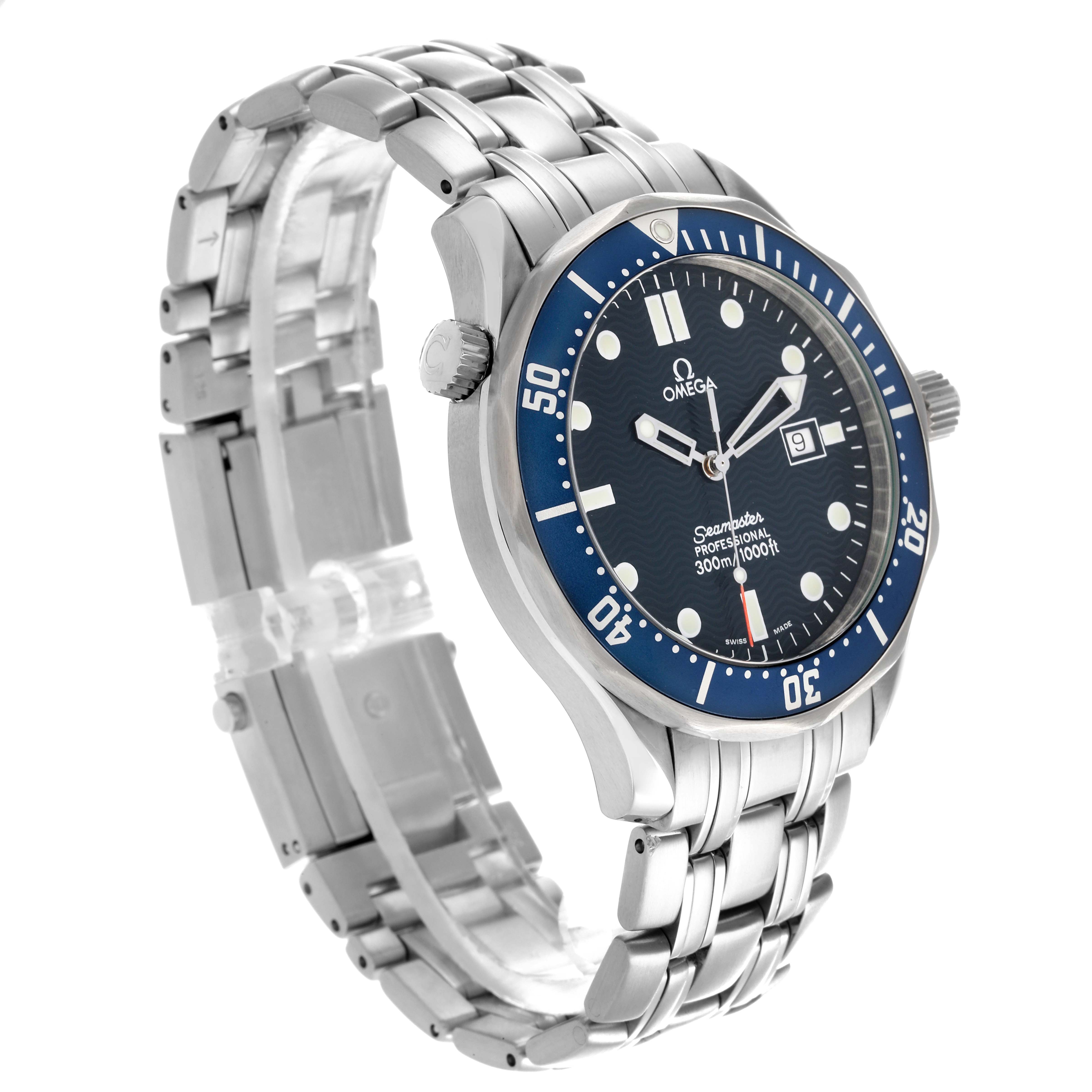 The Omega Seamaster 2541.80.00 Men
s Stainless Steel Blue Dial 2541.80.00 Men
s Stainless Steel Blue Dial watch is shown at a three-quarter angle, highlighting the face, bezel, and stainless steel bracelet.