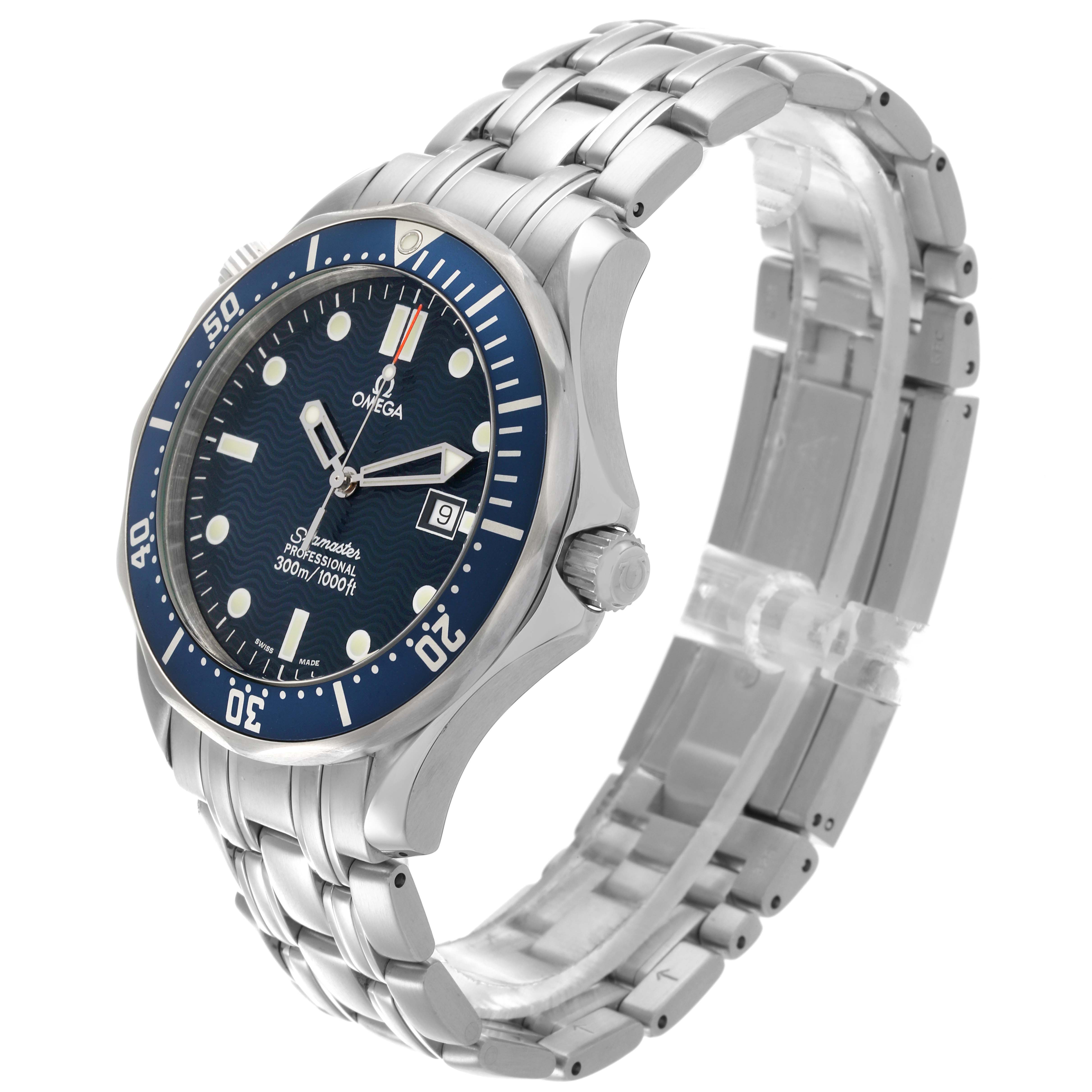 The Omega Seamaster 2541.80.00 Men
s Stainless Steel Blue Dial 2541.80.00 Men
s Stainless Steel Blue Dial watch is shown at an angle highlighting the face, bezel, and bracelet.