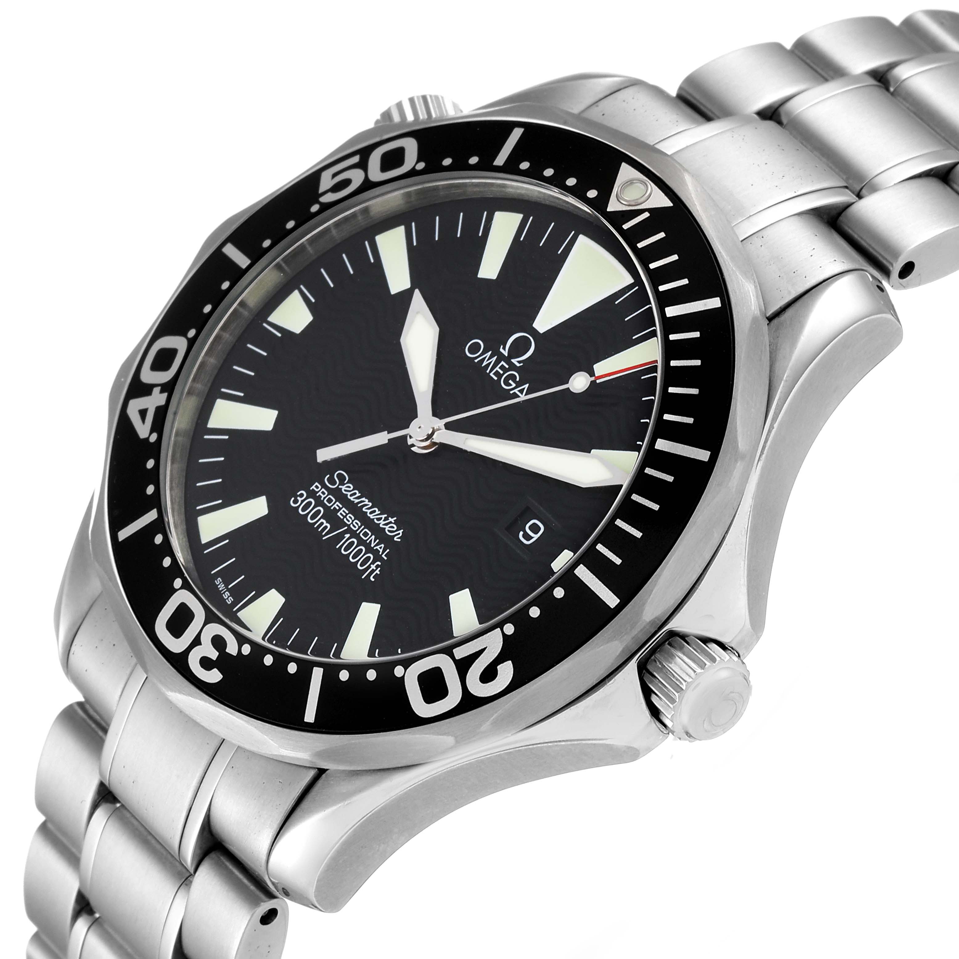 The image shows an Omega Seamaster 2264.50.00 Men's Stainless Steel Black Dial 2264.50.00 Men's Stainless Steel Black Dial watch from a three-quarter angle, highlighting the dial, bezel, crown, and bracelet.